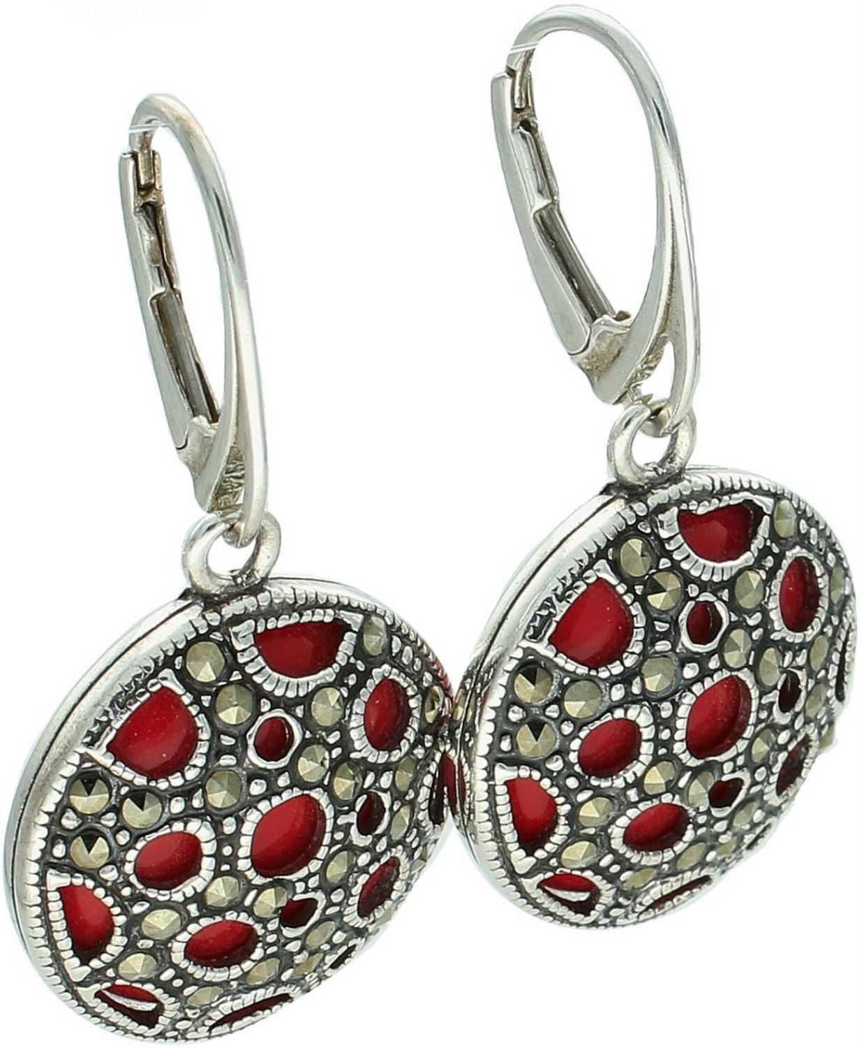 Eleganckie kolczyki srebrne 925, wiszące, zdobione markazytami i czerwonym kamieniem syntetycznym. Długość 4 cm, szerokość 2 cm, wygodne zapięcie.1.jpg