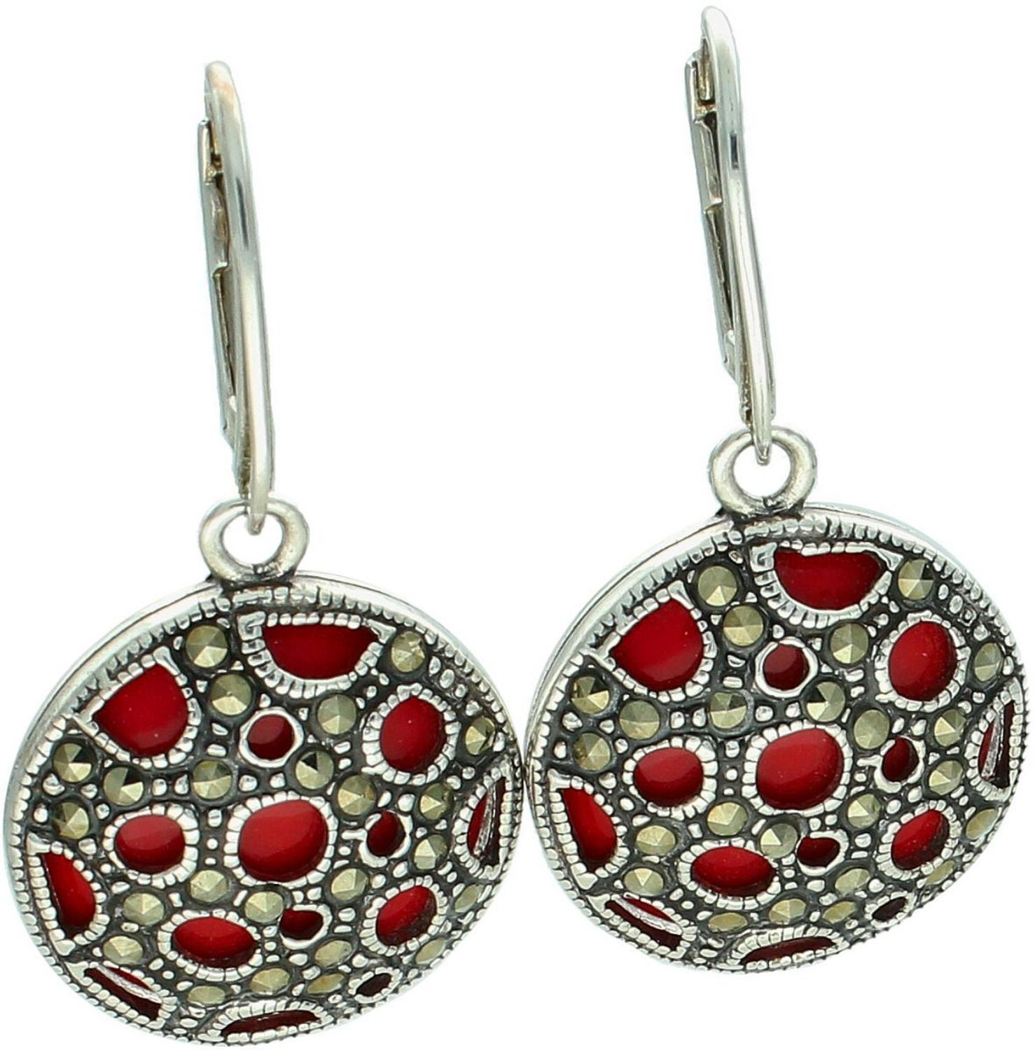 Eleganckie kolczyki srebrne 925, wiszące, zdobione markazytami i czerwonym kamieniem syntetycznym. Długość 4 cm, szerokość 2 cm, wygodne zapięcie.1.jpg