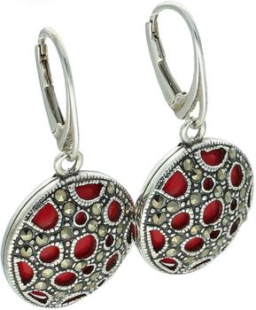 Eleganckie kolczyki srebrne 925, wiszące, zdobione markazytami i czerwonym kamieniem syntetycznym. Długość 4 cm, szerokość 2 cm, wygodne zapięcie.1.jpg