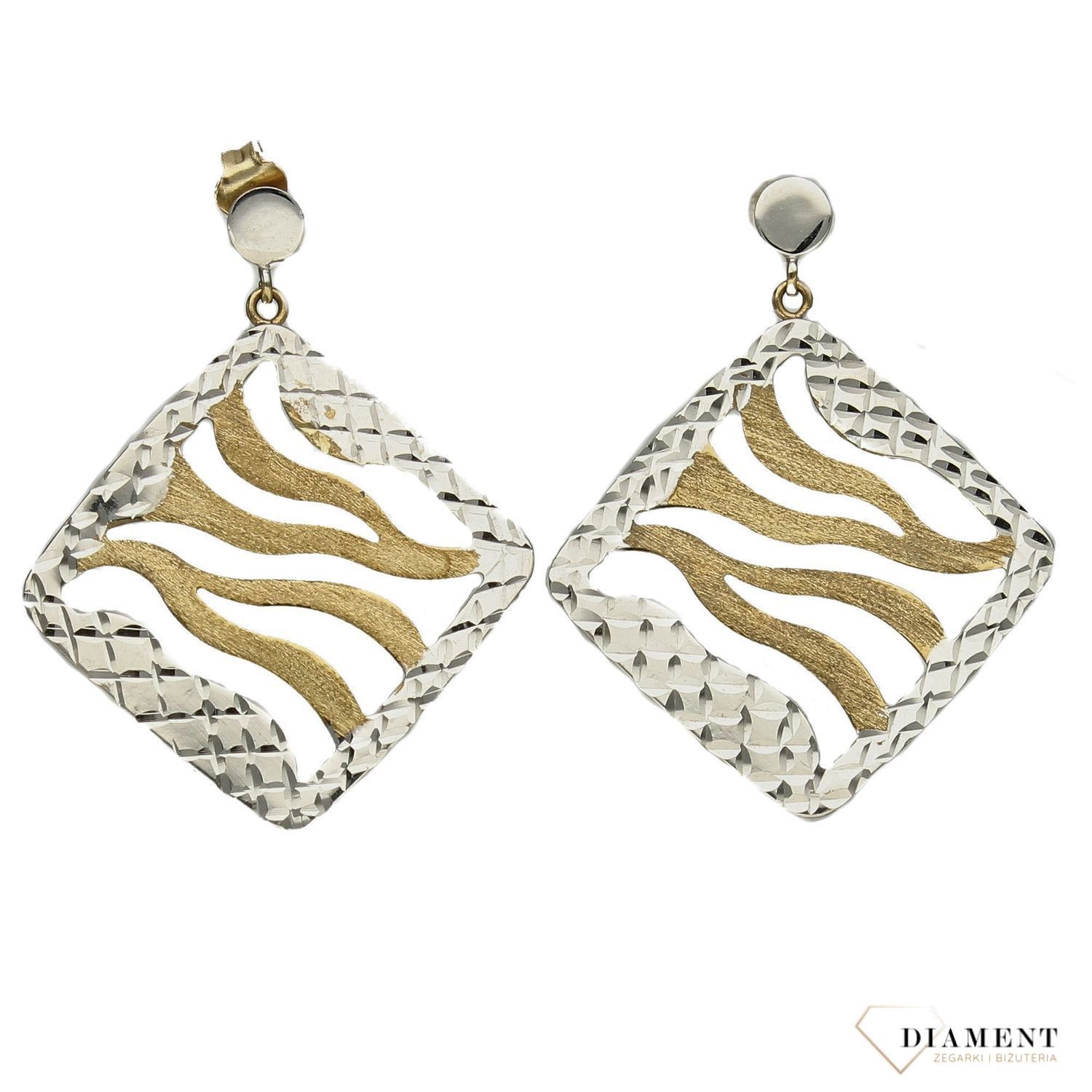 Złote kolczyki 333 wiszące romby z żółtym i białym złotem DIA-KLC-1399-333.jpg