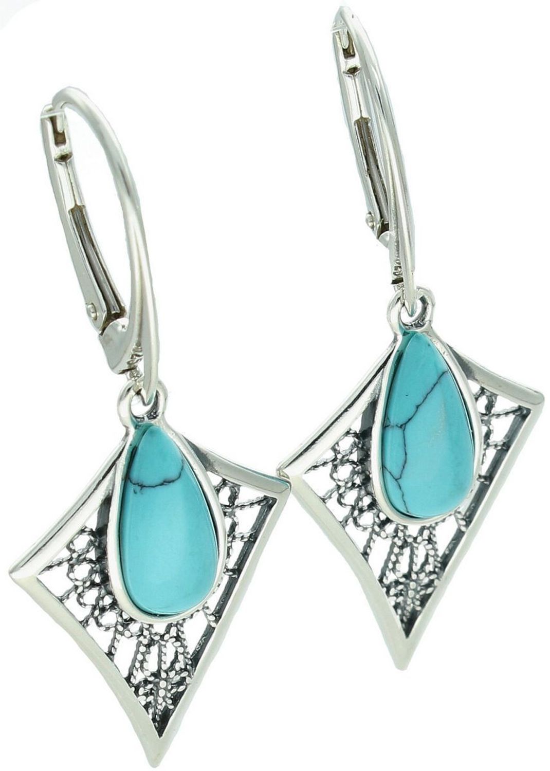 Wiszące kolczyki srebrne 925 DIA-KLC-13991-925 z geometrycznym wzorem i turkusem. Zapięcie bigiel angielski, wymiary 4,0 × 1,6 cm, waga 4,50 g.1.jpg