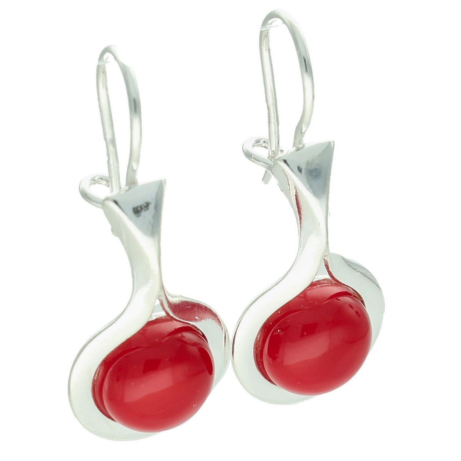 Wiszące kolczyki srebrne 925 DIA-KLC-13993-925 zdobione okrągłym koralem. Wymiary 3,5 × 1,5 cm, waga 4,20 g. Eleganckie, subtelne i efektowne.1.jpg