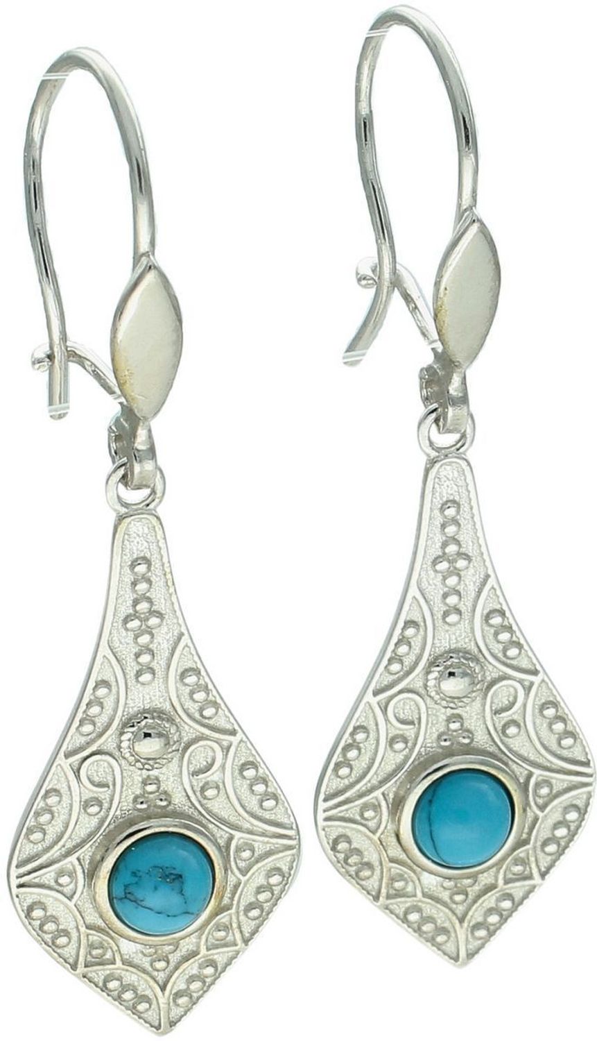 Eleganckie kolczyki srebrne próby 925 o geometrycznym kształcie, zdobione małym, okrągłym turkusem. Model DIA-KLC-13996-925, długość 4,6 cm, szerokość 1,5 cm, waga 5,40 g. Idealny dodatek do1.jpg