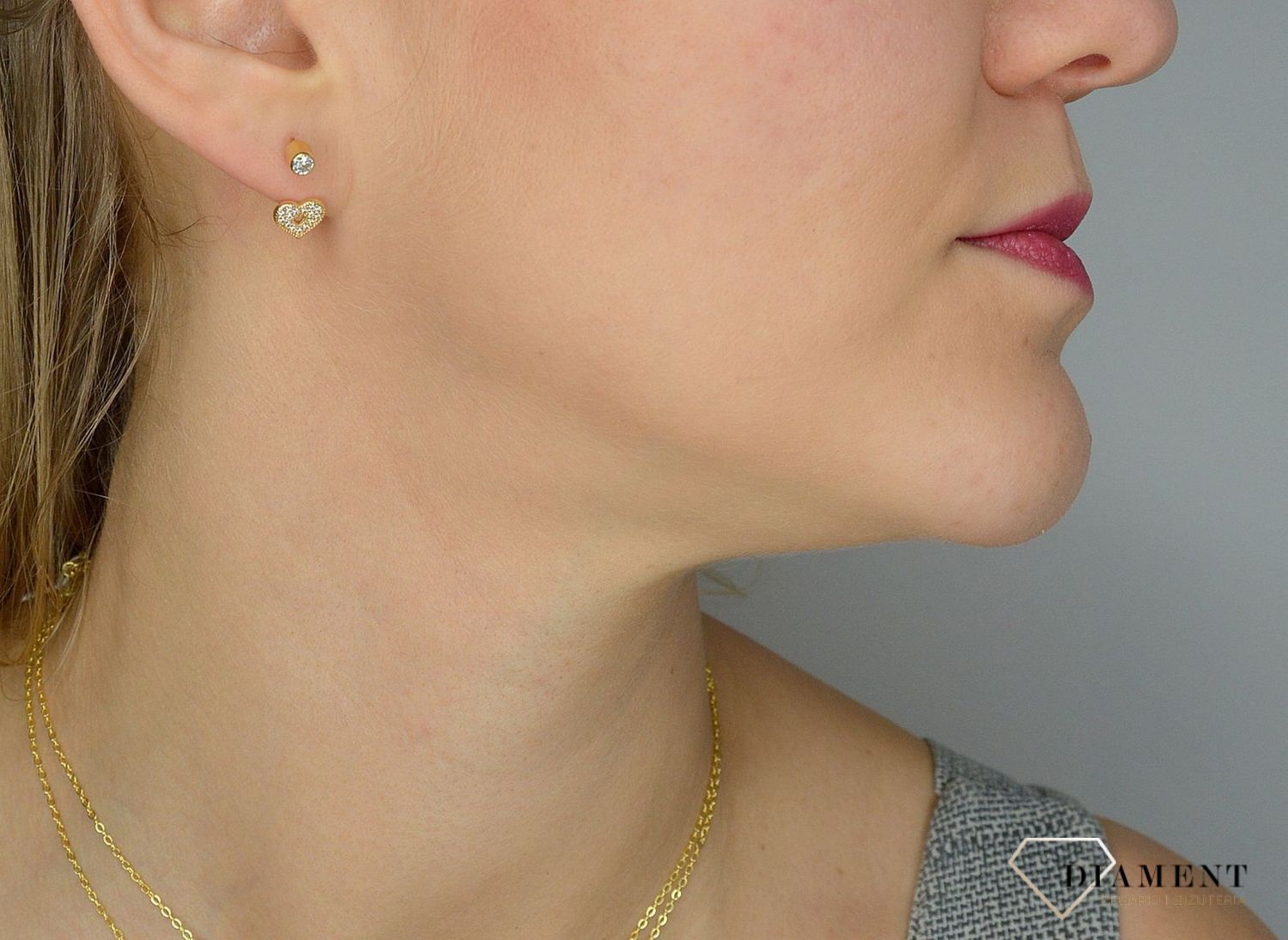 Złote kolczyki wiszące 585 serca z cyrkoniami DIA-KLC-1419-585.jpg