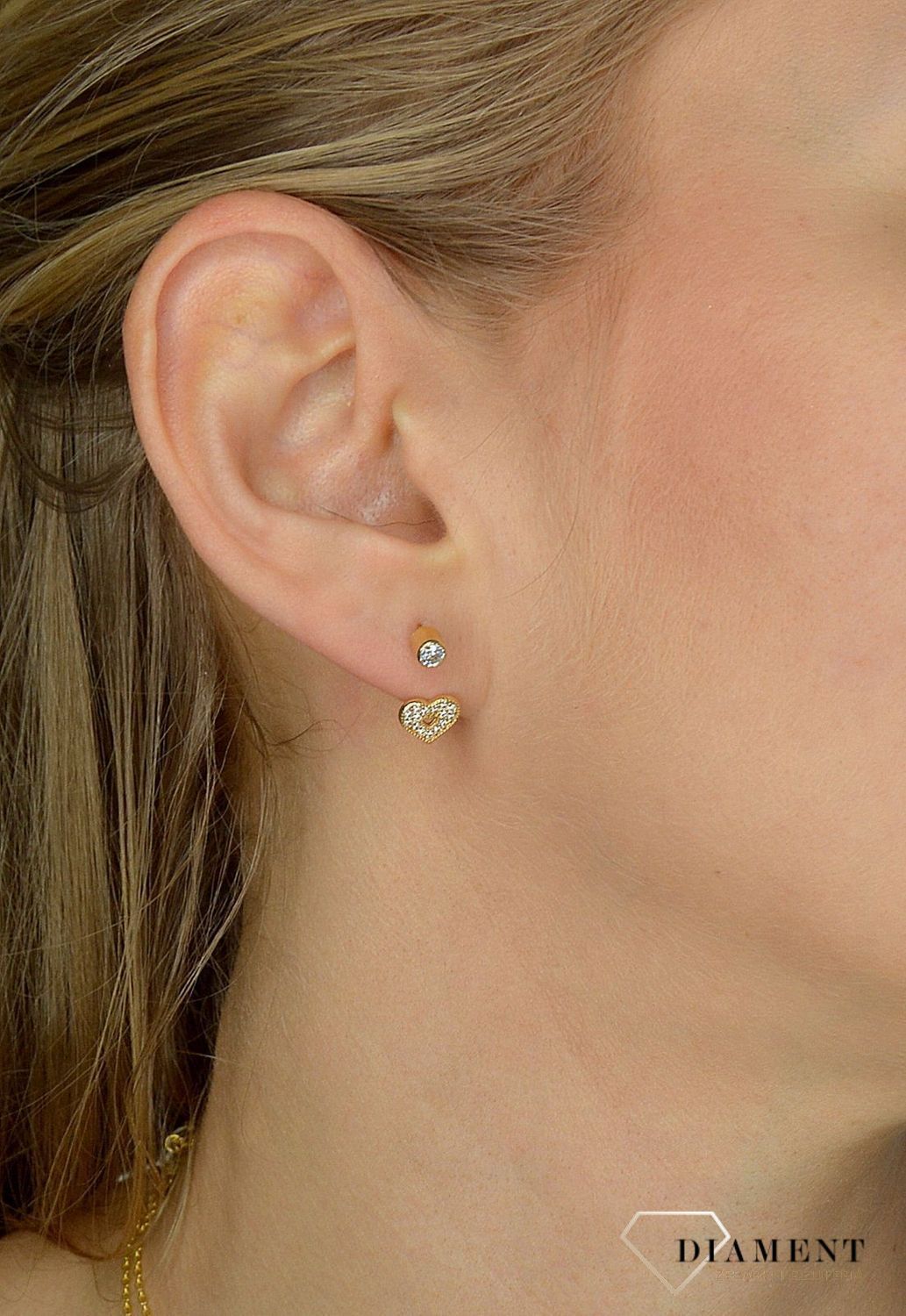 Złote kolczyki wiszące 585 serca z cyrkoniami DIA-KLC-1419-585.jpg