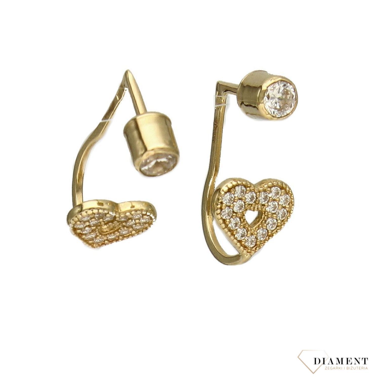 Złote kolczyki wiszące 585 serca z cyrkoniami DIA-KLC-1419-585.jpg