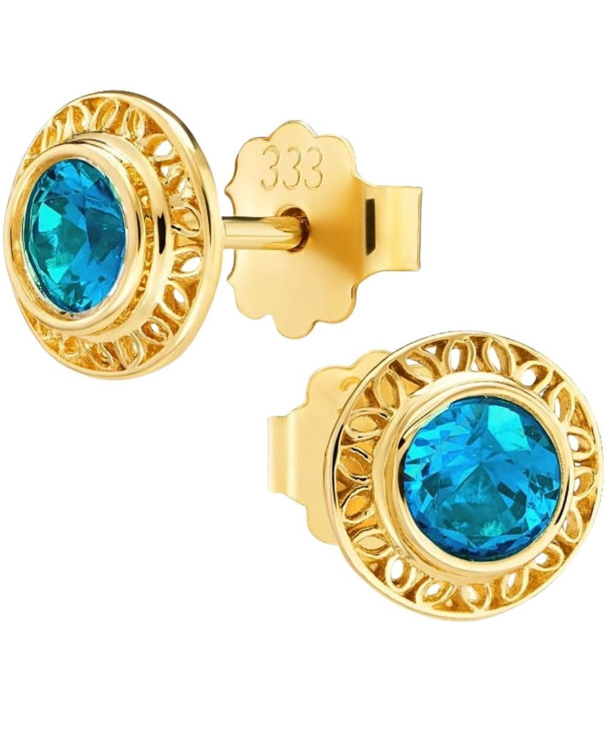 Złote kolczyki 333 ażurowe z turkusową cyrkonią – eleganckie kolczyki sztyfty.jpg