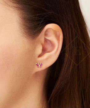 Złote kolczyki motylki 333 z różowymi cyrkoniami – delikatne kolczyki damskie na sztyft.jpg