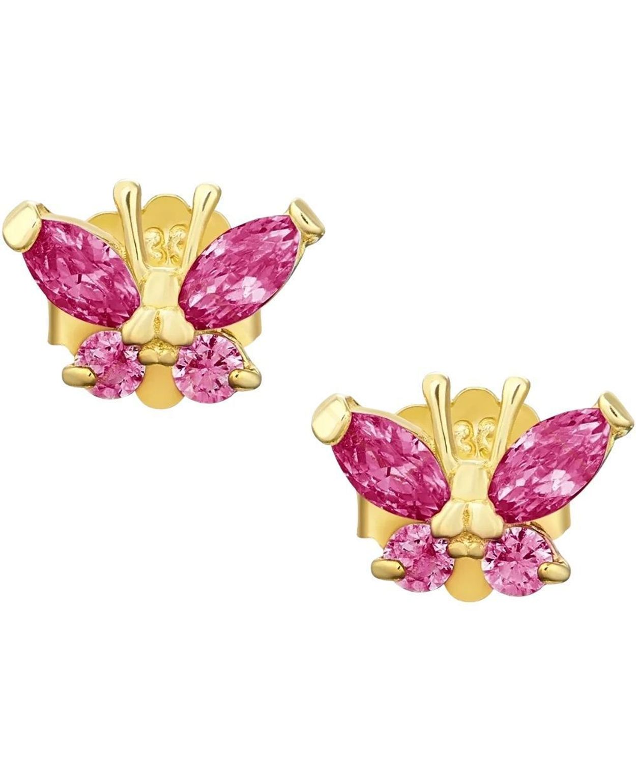 Złote kolczyki motylki 333 z różowymi cyrkoniami – delikatne kolczyki damskie na sztyft sztyft.jpg