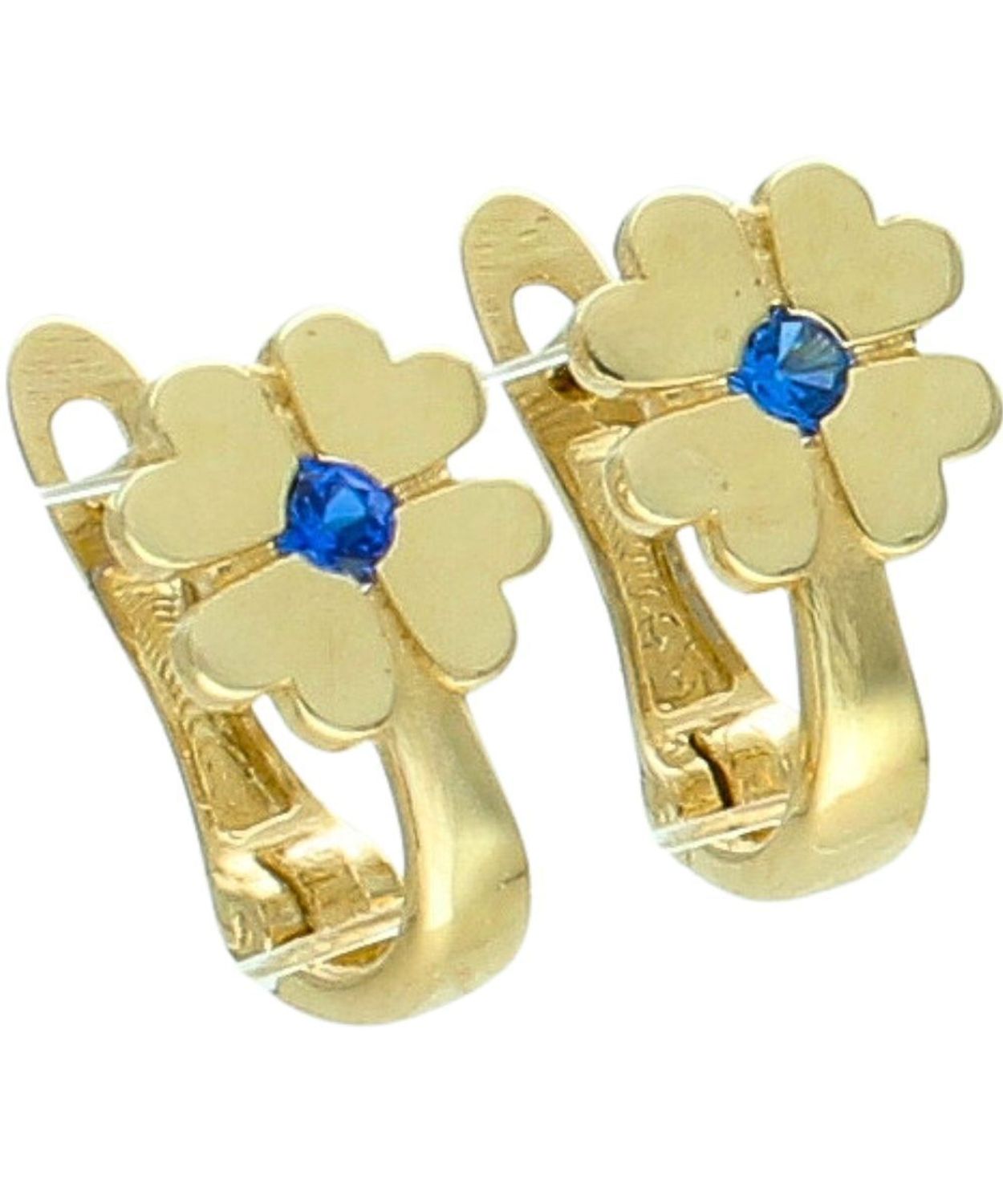 Złote kolczyki koniczynka czterolistna z niebieską cyrkonią 585 DIA-KLC-14308-585.jpg