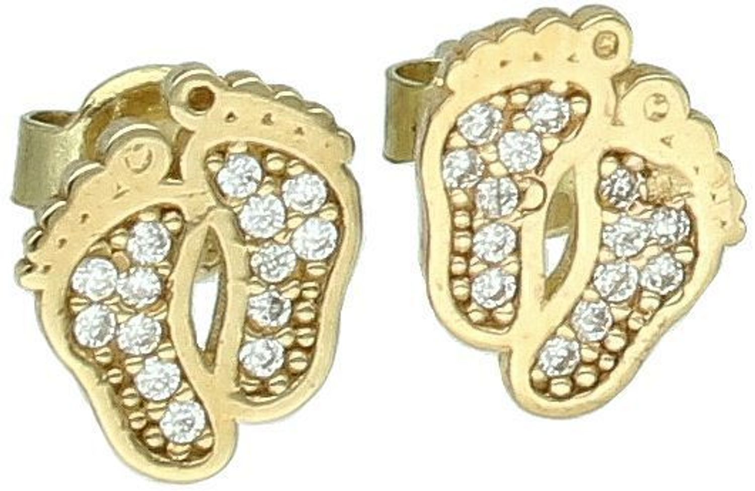 Złote kolczyki przy uchu stópki z cyrkoniami DIA-KLC-1583-333 Kolczyki z motywem stópek dziecięcych to urocza biżuteria, która doskonale oddaje delikatność i ciepło wizerunku maluszka.1.jpg