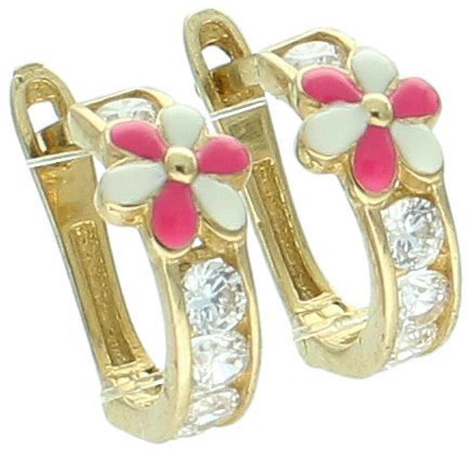 Złote kolczyki dla dziecka z kwiatkiem próba 333, DIA-KLC-1588-333 Kolczyki dla dziecka w kształcie kółek z cyrkonią i kwiatkiem to urocza biżuteria, która z pewnością 1.jpg