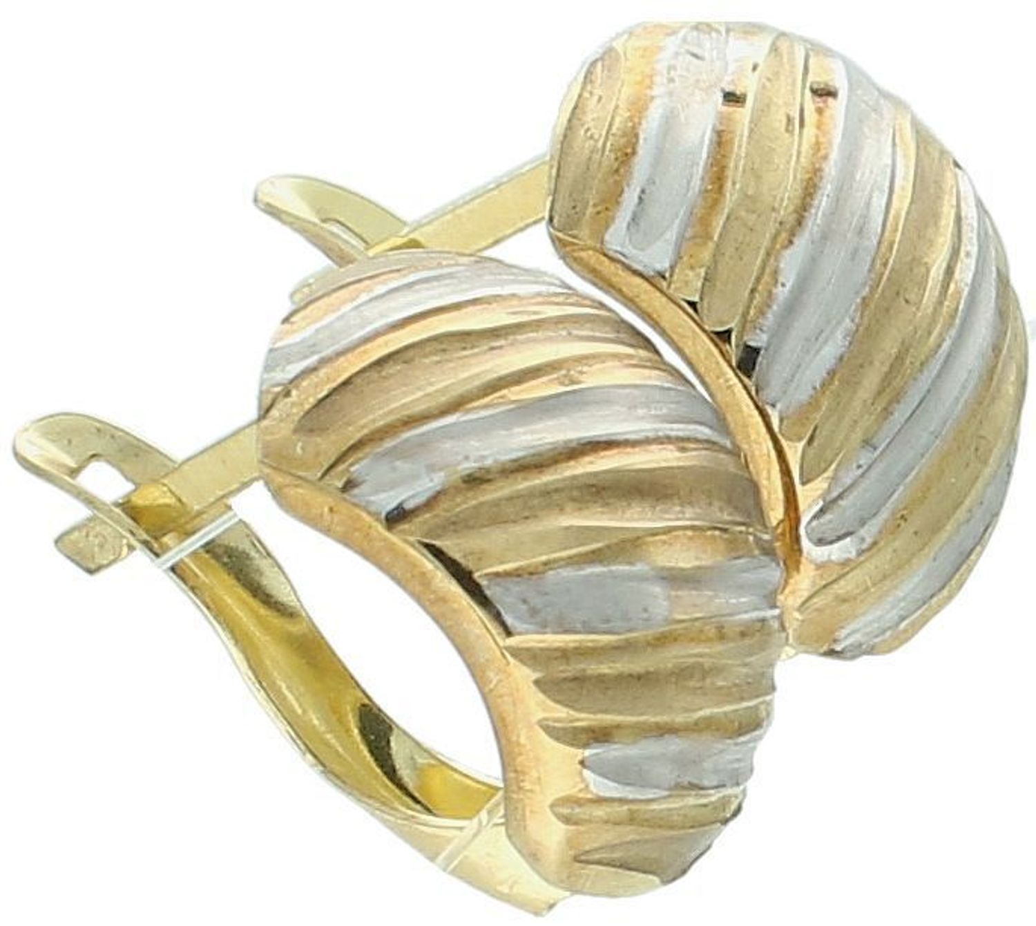 Złote kolczyki damskie DIA-KLC-1600-333 próby 333 z ozdobnym wzorem i dodatkiem białego złota. Eleganckie zapięcie angielskie, waga 1,76g, wymiary 1,5x1,0 cm. Klasyka z nutą nowoczesności.1.jpg