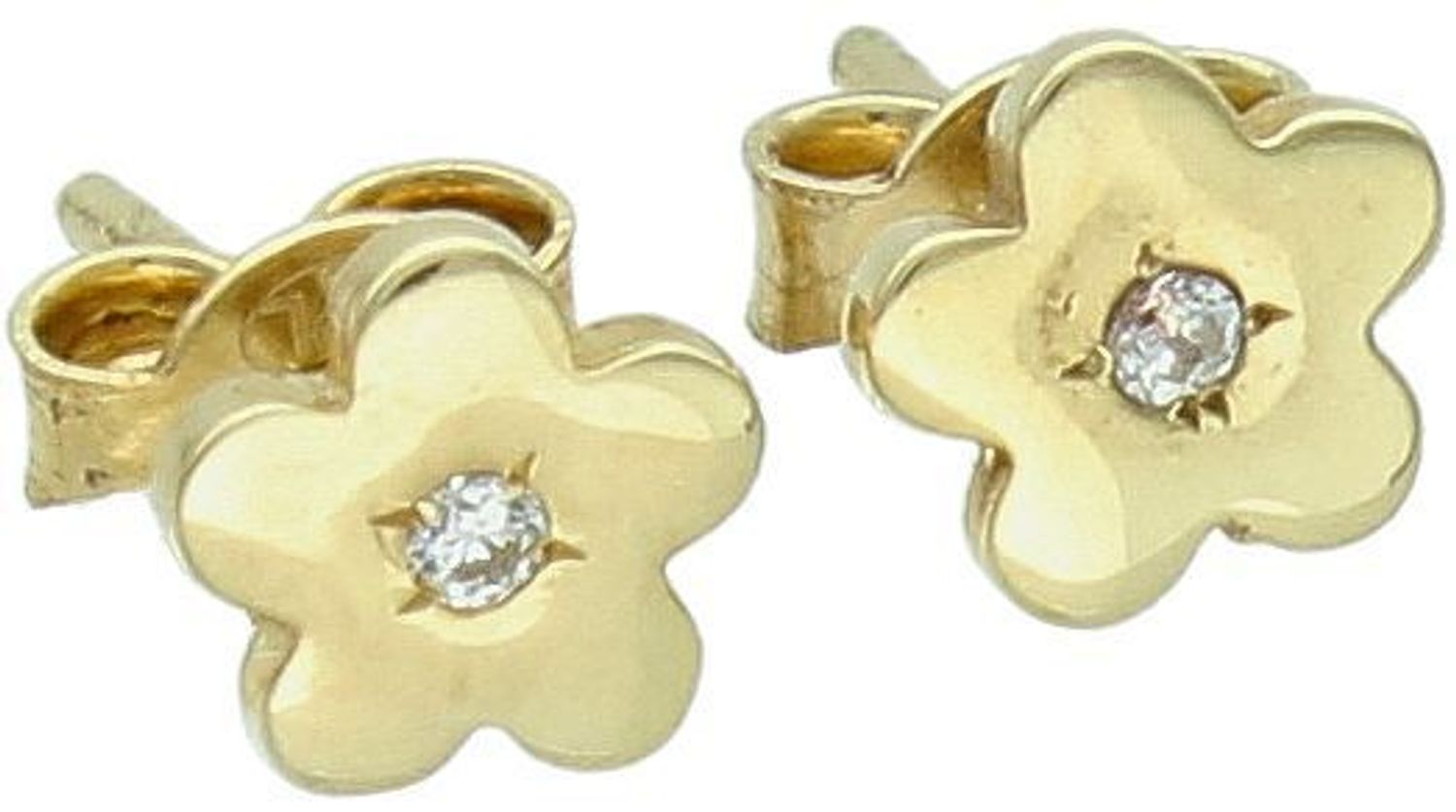 Złote kolczyki przy uchu kwiatki z cyrkonią na środku DIA-KLC-1610-333. Złote kolczyki gładkie kwiatki z pojedynczą cyrkonią.  Delikatne kolczyki wykonane z wysokiej jakości złota próby 333. 1.jpg