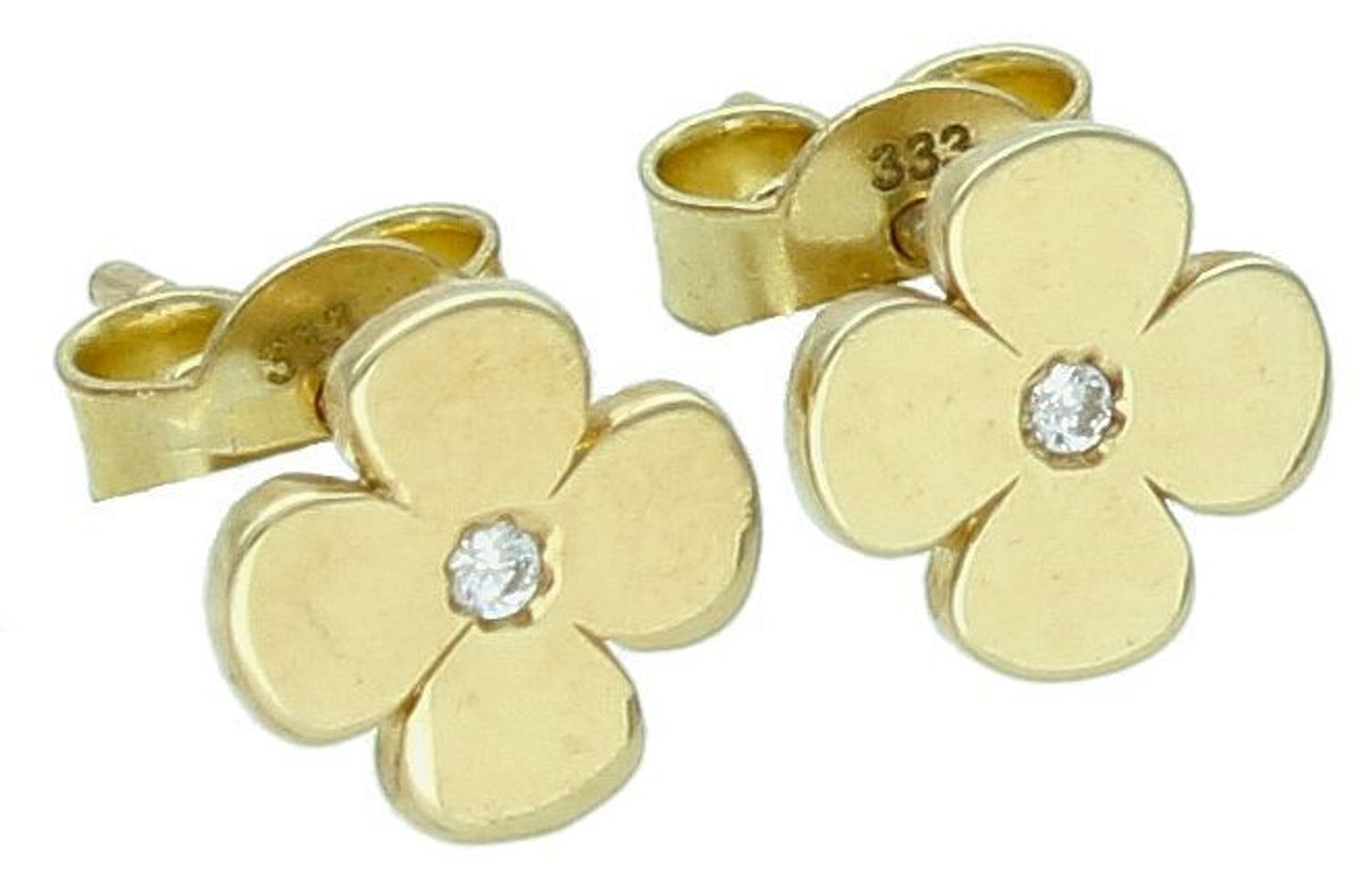 Kolczyki złote koniczynki z cyrkonią pr 333, DIA-KLC-1611-333 Kolczyki złote w kształcie koniczynki z cyrkonią, wykonane z 8-karatowego złota próby 333, to elegancka i symboliczna biżuteria.1.jpg