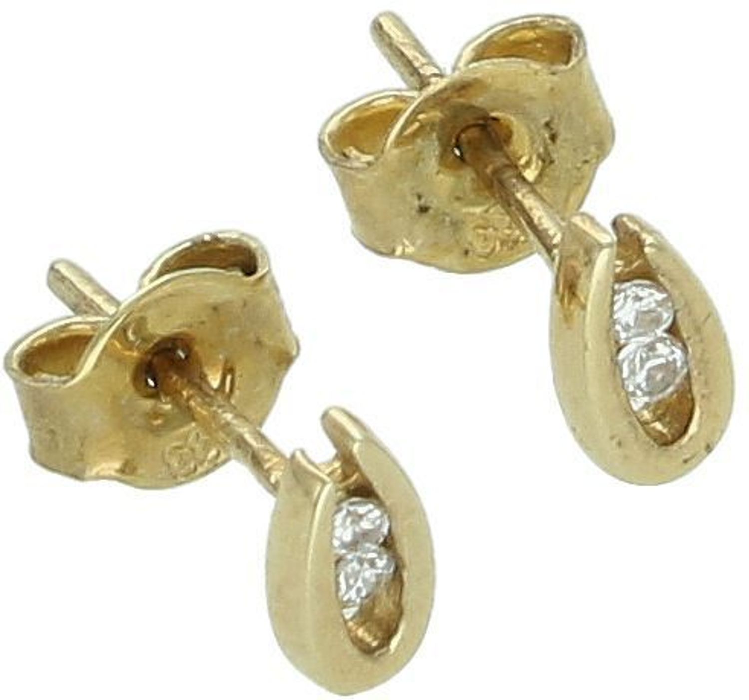Subtelne złote kolczyki damskie DIA-KLC-1621-333 próby 333 z dwiema cyrkoniami. Lekkie (0,93g), w rozmiarze 6x3 mm, z wygodnym zapięciem na sztyft. Idealne na co dzień lub dla dziecka.1.jpg