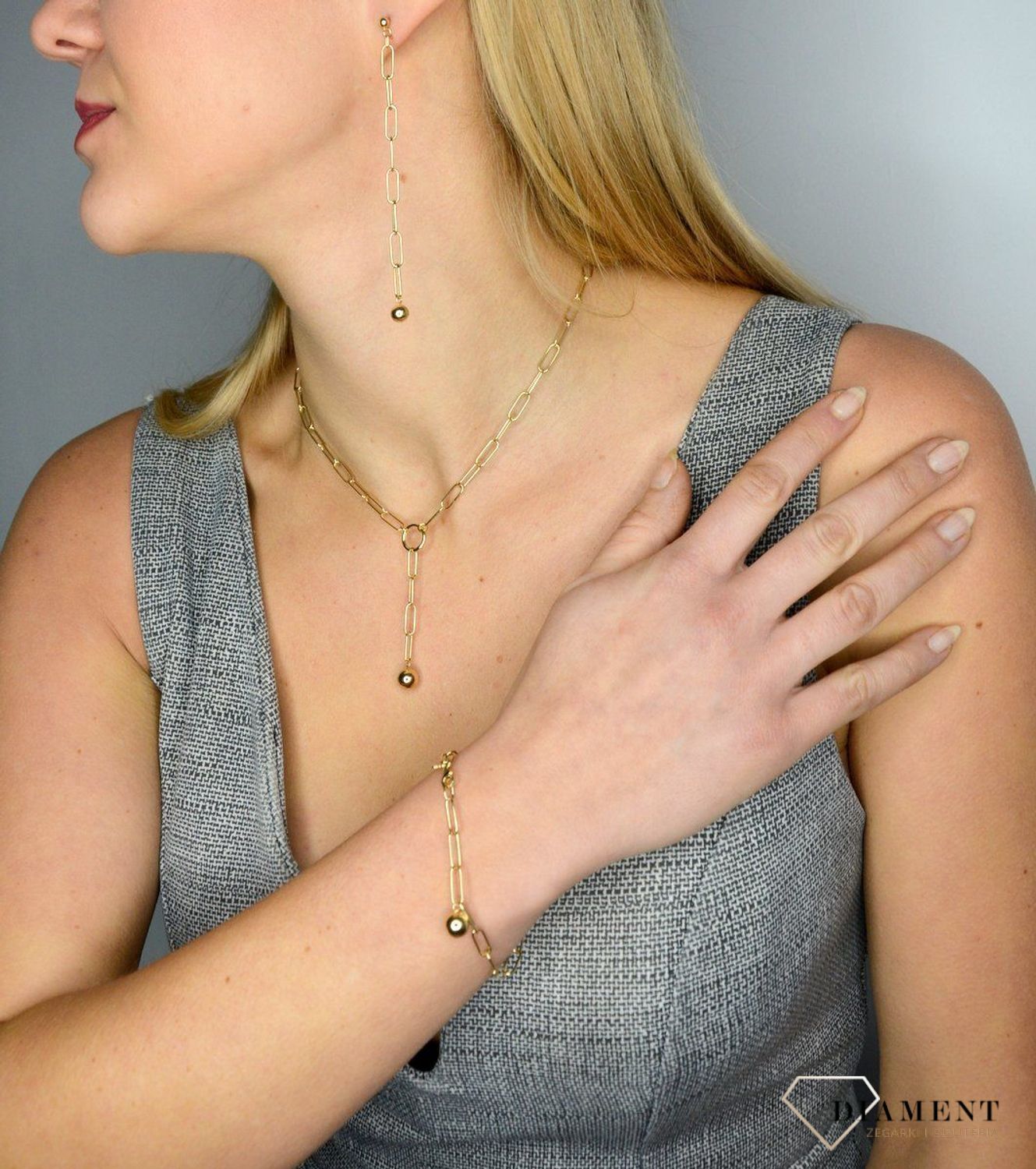 Kolczyki złote wiszące na sztyft 585 'kulka na łańcuchu'.jpg