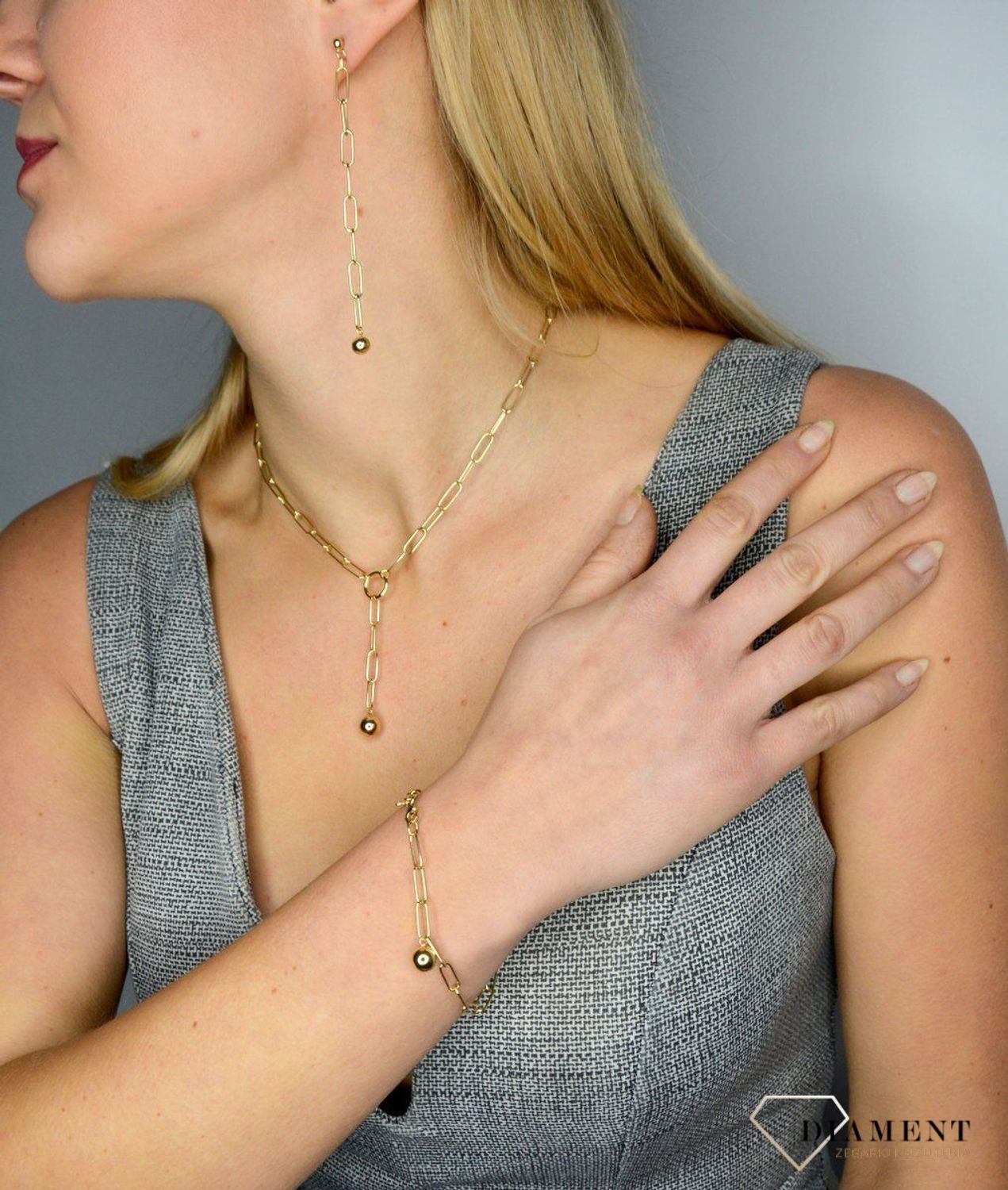 Kolczyki złote wiszące na sztyft 585 'kulka na łańcuchu'.jpg