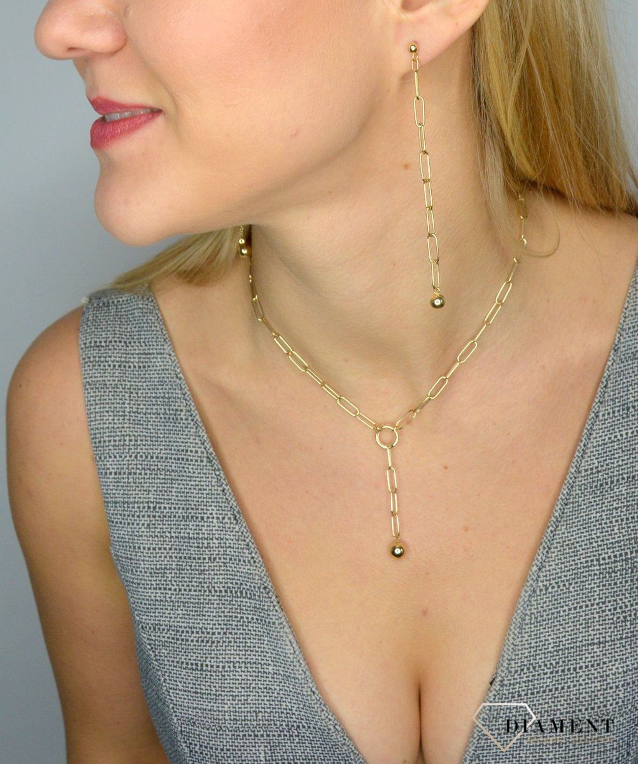 Kolczyki złote wiszące na sztyft 585 'kulka na łańcuchu'.jpg