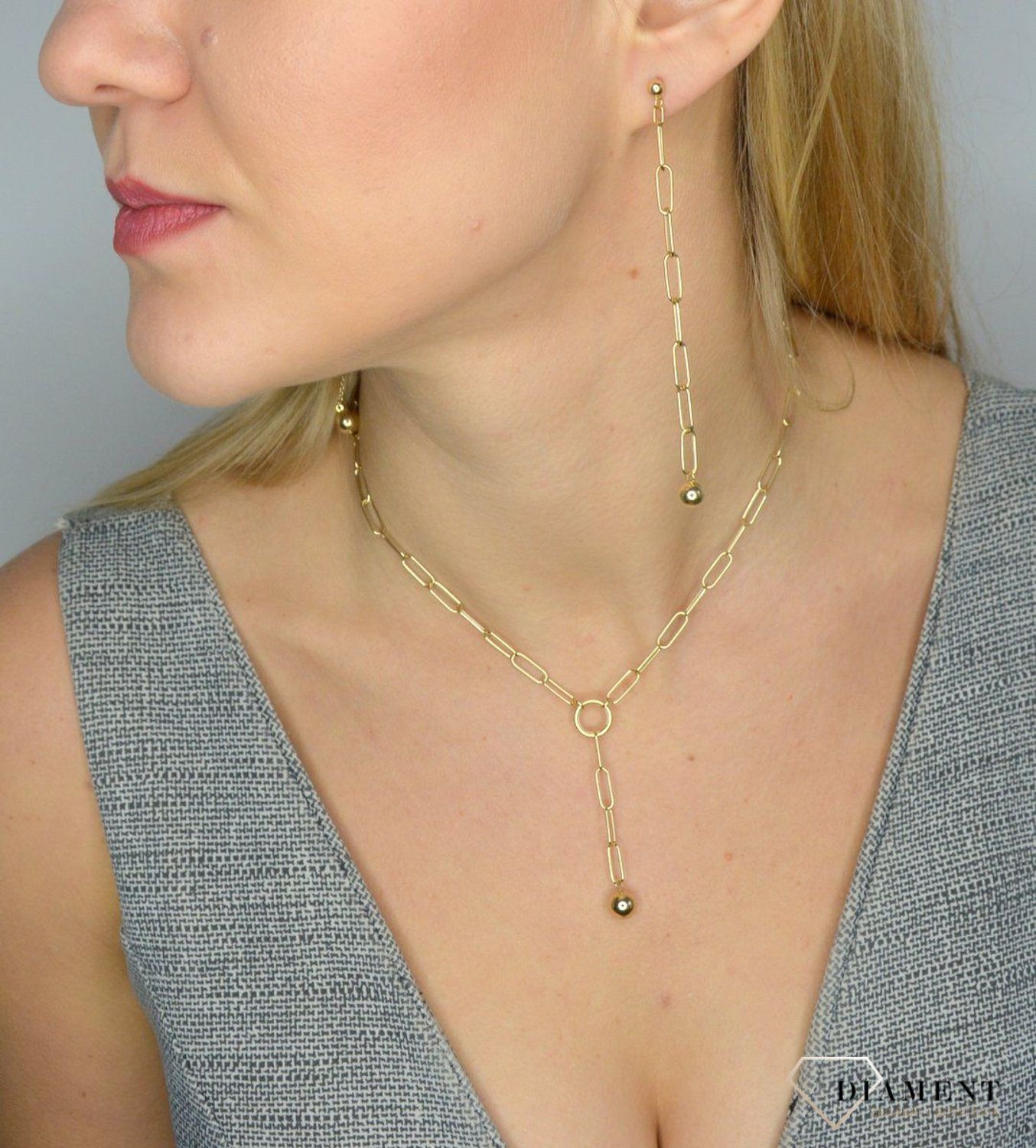 Kolczyki złote wiszące na sztyft 585 'kulka na łańcuchu'.jpg