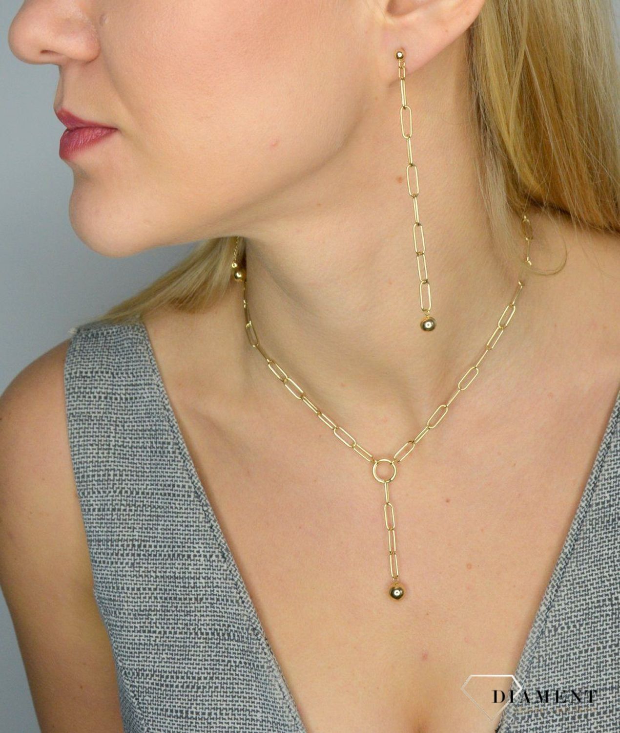 Kolczyki złote wiszące na sztyft 585 'kulka na łańcuchu'.jpg