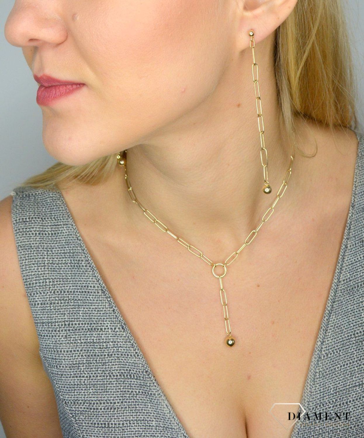 Kolczyki złote wiszące na sztyft 585 'kulka na łańcuchu'.jpg