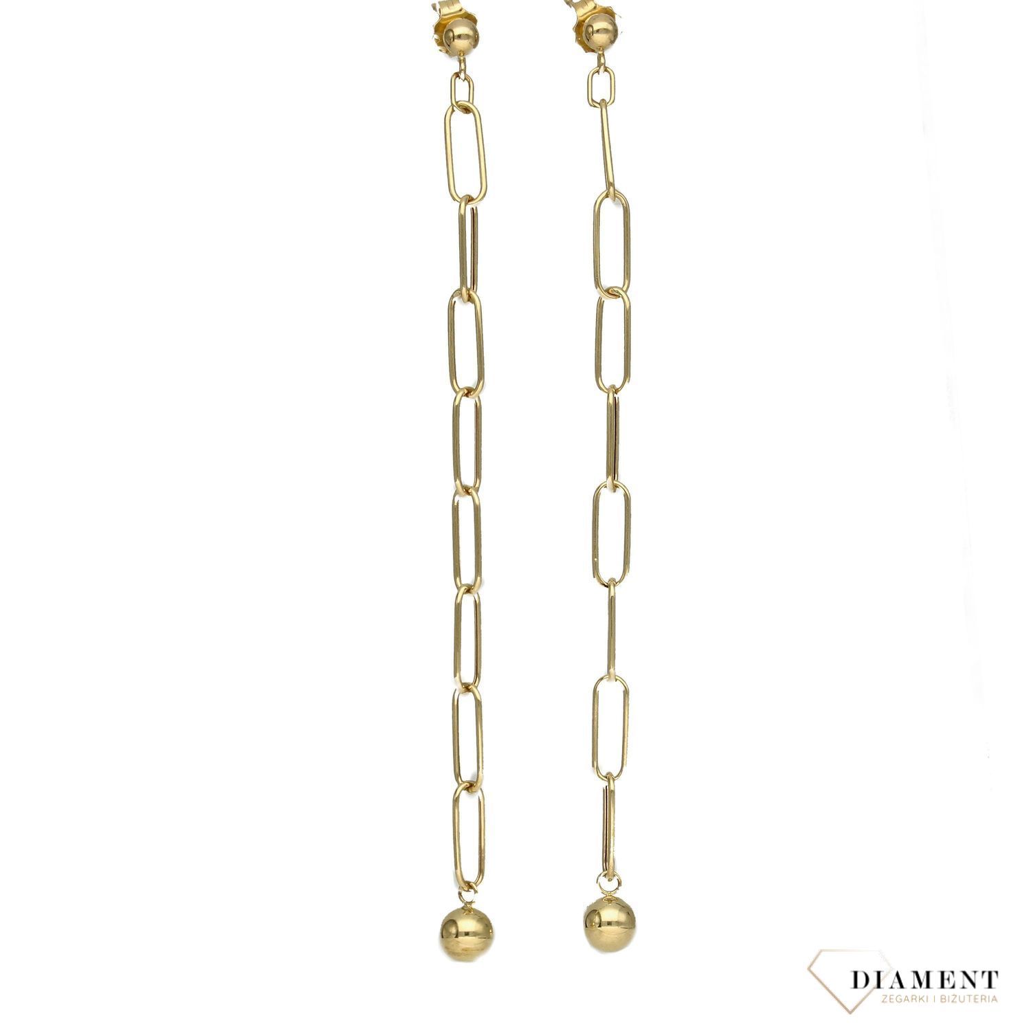 Kolczyki złote wiszące na sztyft 585 'kulka na łańcuchu'.jpg