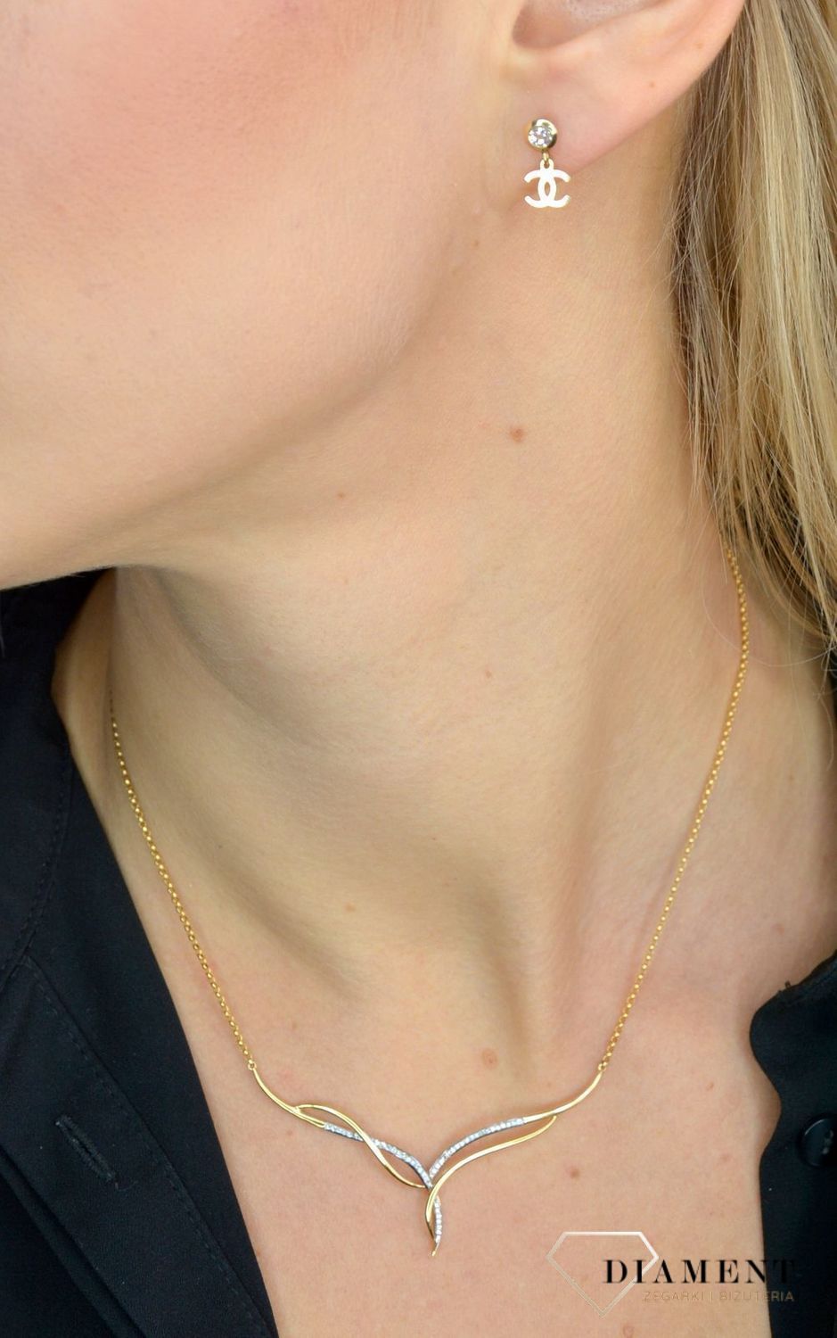 Złote kolczyki 585 wiszące 'Chanelki' z cyrkonią DIA-KLC-1745-585.jpg