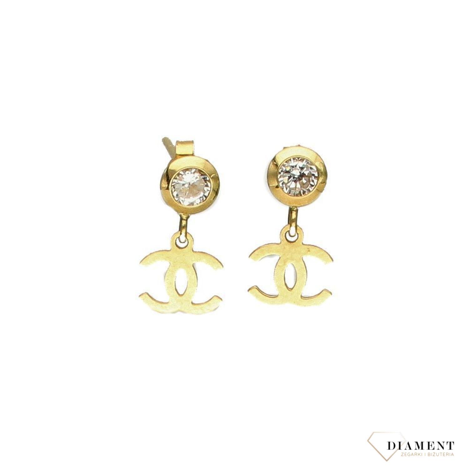 Złote kolczyki 585 wiszące 'Chanelki' z cyrkonią DIA-KLC-1745-585.jpg