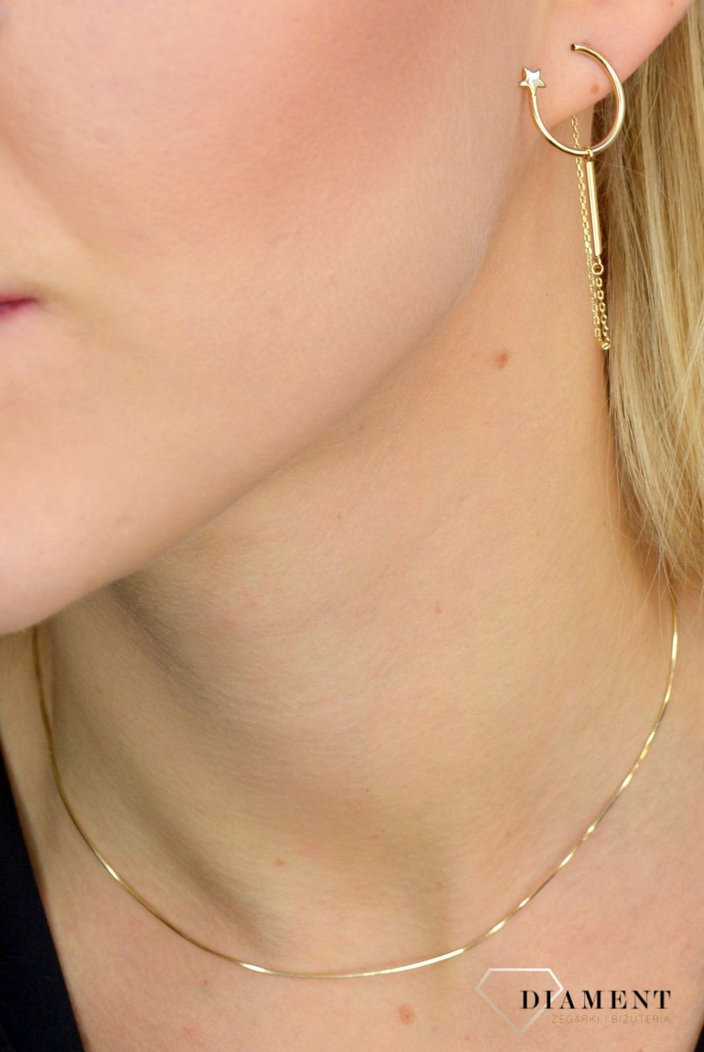 Złote kolczyki 585 półksiężyc z gwiazdką i łańcuszkiem DIA-KLC-1763-585.jpg