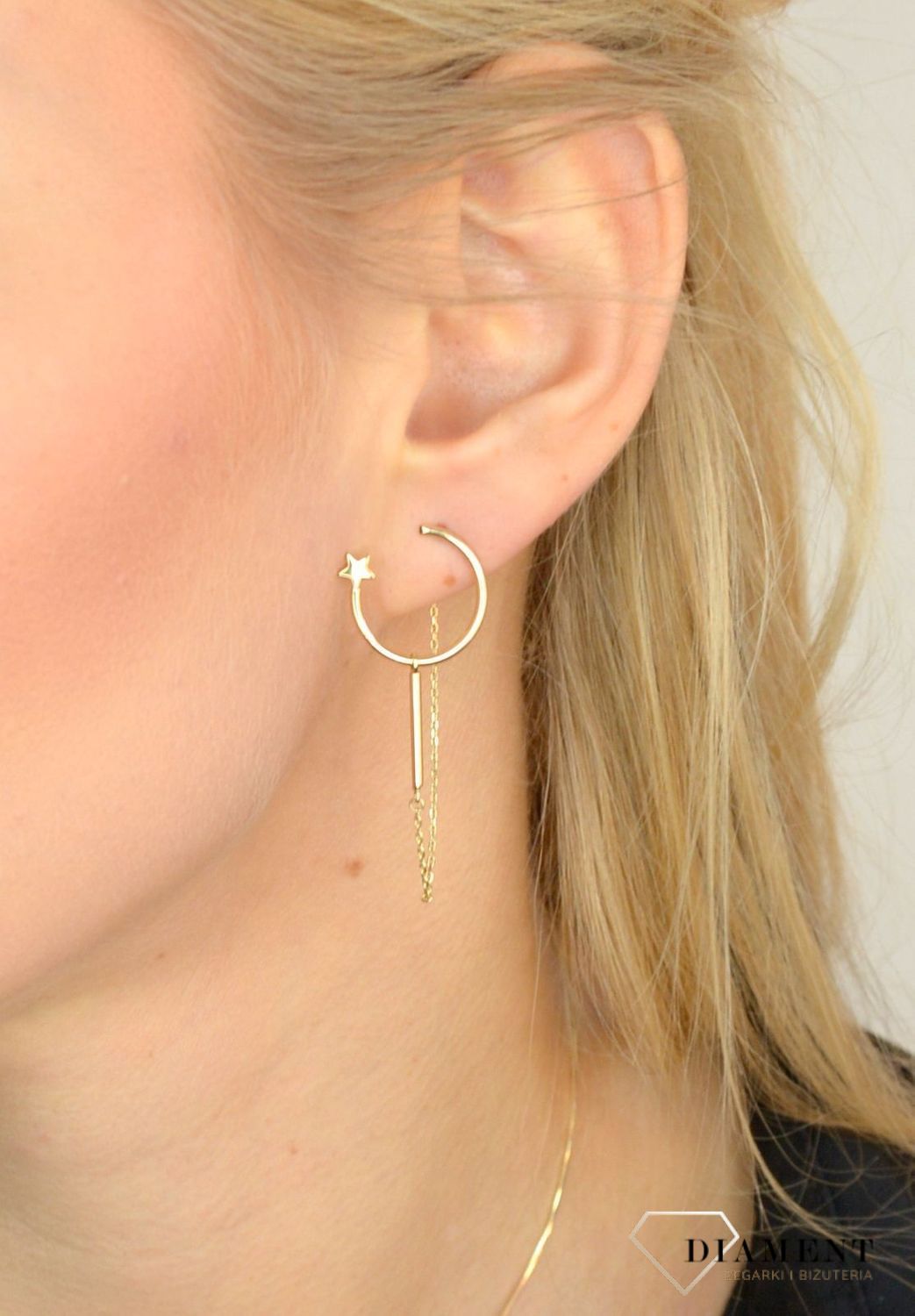 Złote kolczyki 585 półksiężyc z gwiazdką i łańcuszkiem DIA-KLC-1763-585.jpg