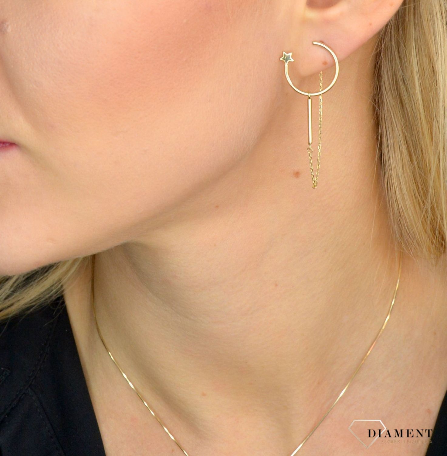 Złote kolczyki 585 półksiężyc z gwiazdką i łańcuszkiem DIA-KLC-1763-585.jpg