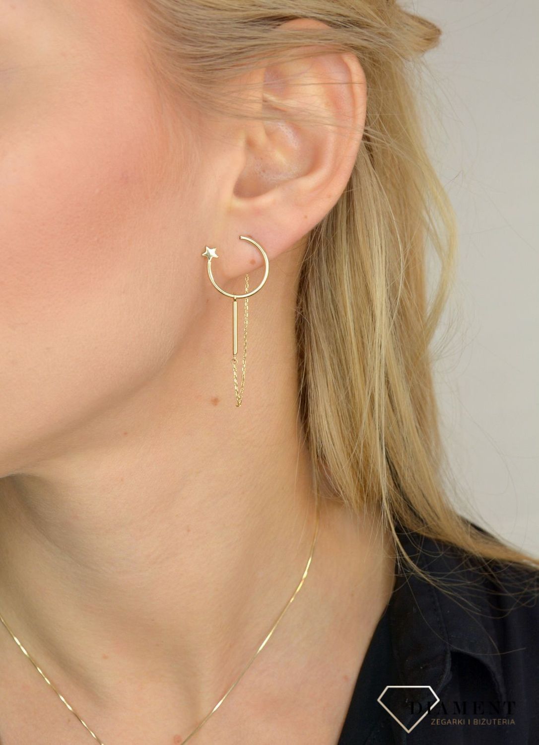 Złote kolczyki 585 półksiężyc z gwiazdką i łańcuszkiem DIA-KLC-1763-585.jpg