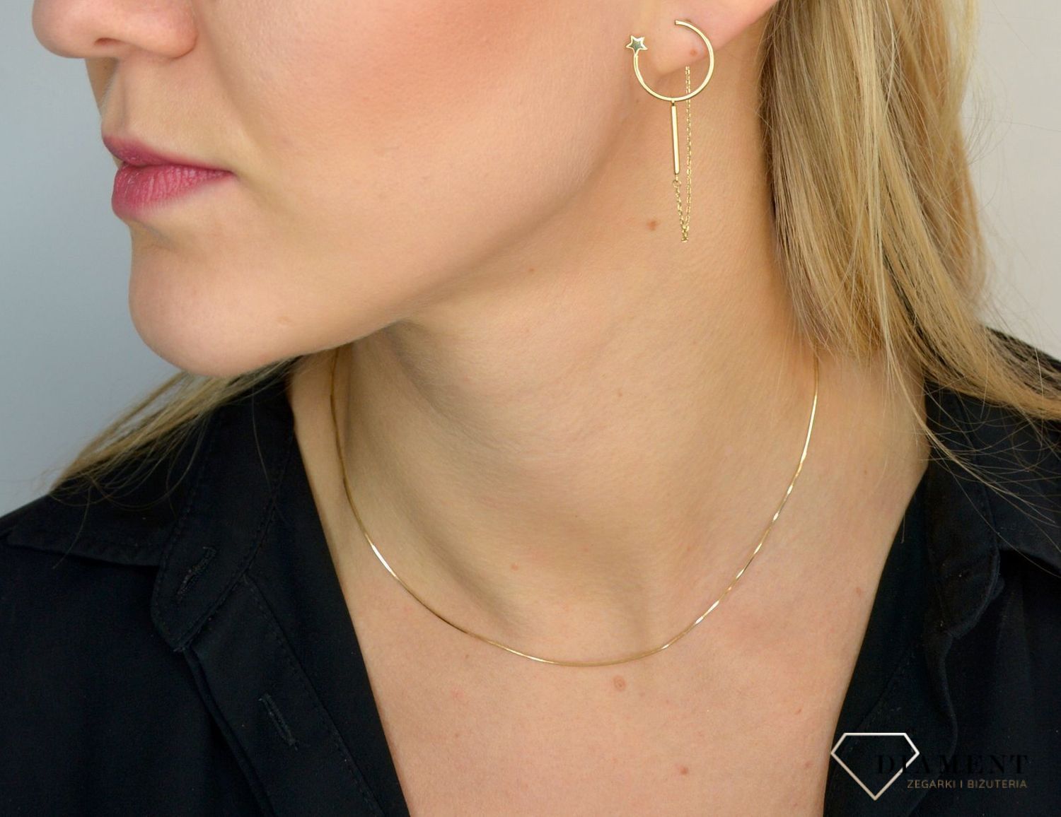 Złote kolczyki 585 półksiężyc z gwiazdką i łańcuszkiem DIA-KLC-1763-585.jpg