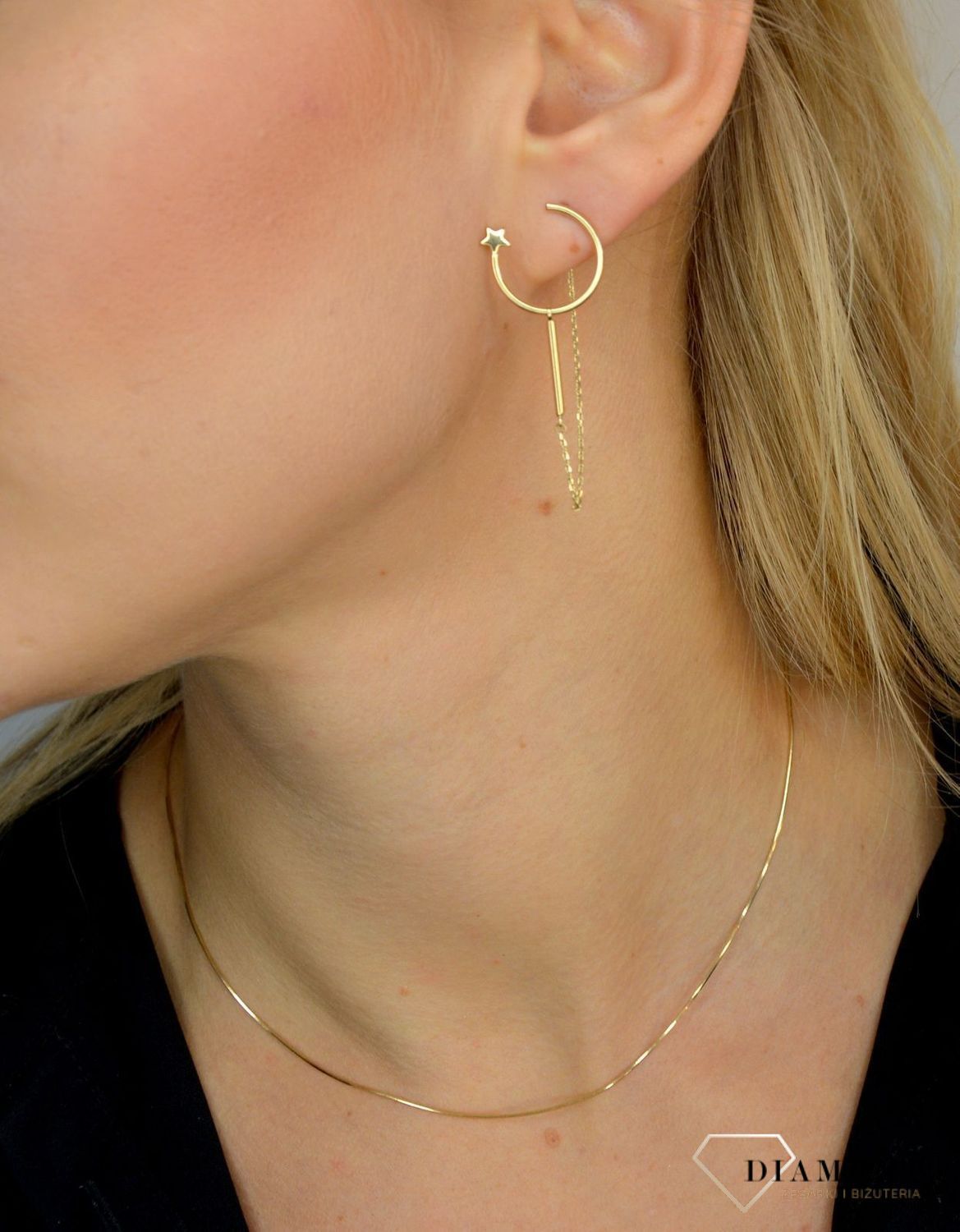 Złote kolczyki 585 półksiężyc z gwiazdką i łańcuszkiem DIA-KLC-1763-585.jpg