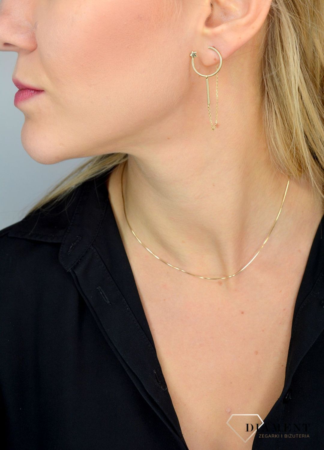 Złote kolczyki 585 półksiężyc z gwiazdką i łańcuszkiem DIA-KLC-1763-585.jpg
