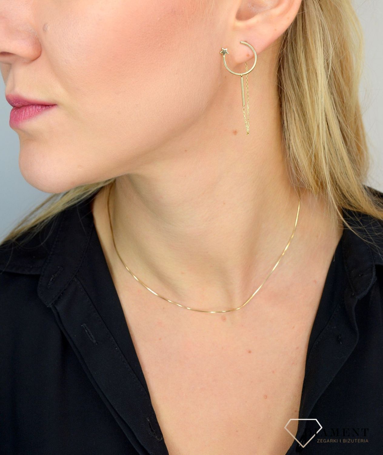 Złote kolczyki 585 półksiężyc z gwiazdką i łańcuszkiem DIA-KLC-1763-585.jpg
