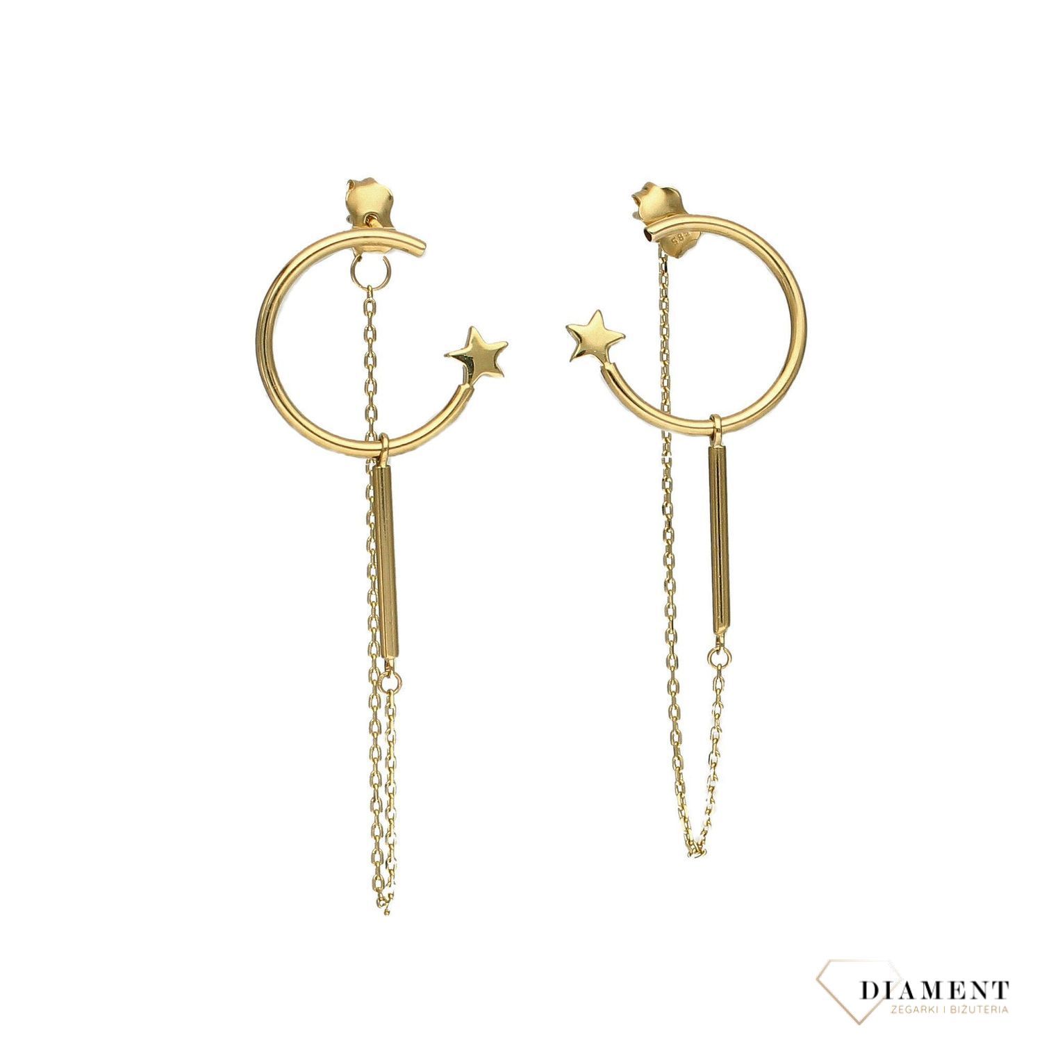 Złote kolczyki 585 półksiężyc z gwiazdką i łańcuszkiem DIA-KLC-1763-585.jpg