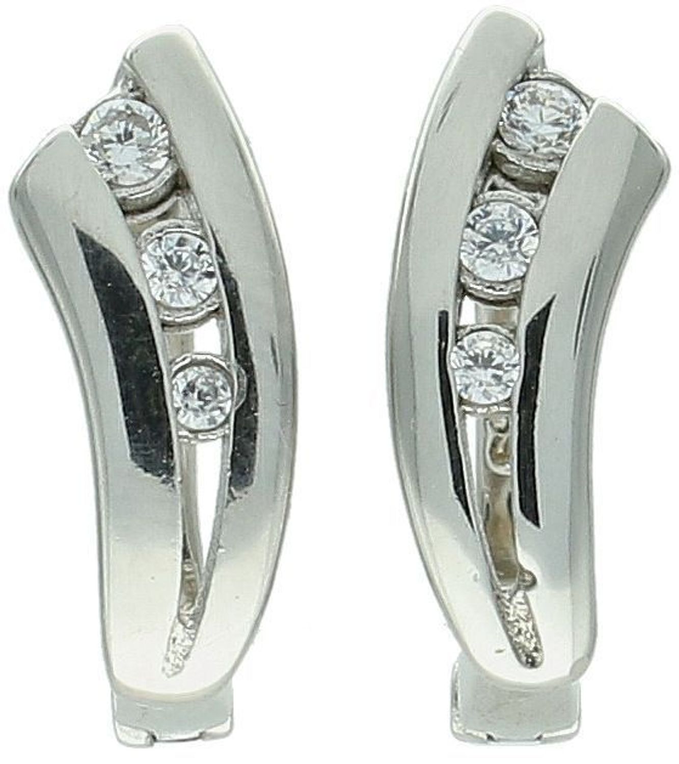 Eleganckie kolczyki damskie srebrne próby 925 zdobione trzema cyrkoniami. Zapięcie angielskie, długość 1,5 cm, szerokość 5 mm, waga 3,00 g. Model DIA-KLC-2015-925.1.jpg