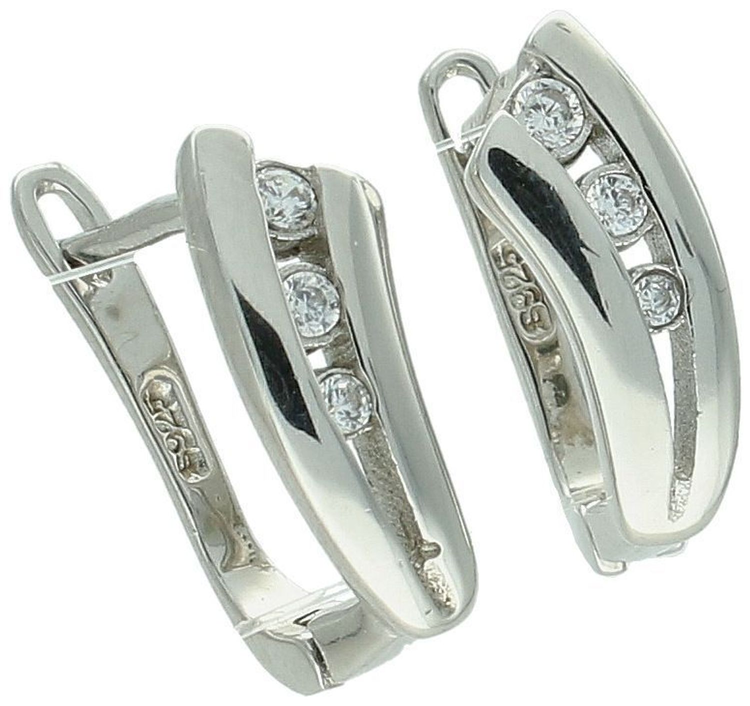 Eleganckie kolczyki damskie srebrne próby 925 zdobione trzema cyrkoniami. Zapięcie angielskie, długość 1,5 cm, szerokość 5 mm, waga 3,00 g. Model DIA-KLC-2015-925.1.jpg