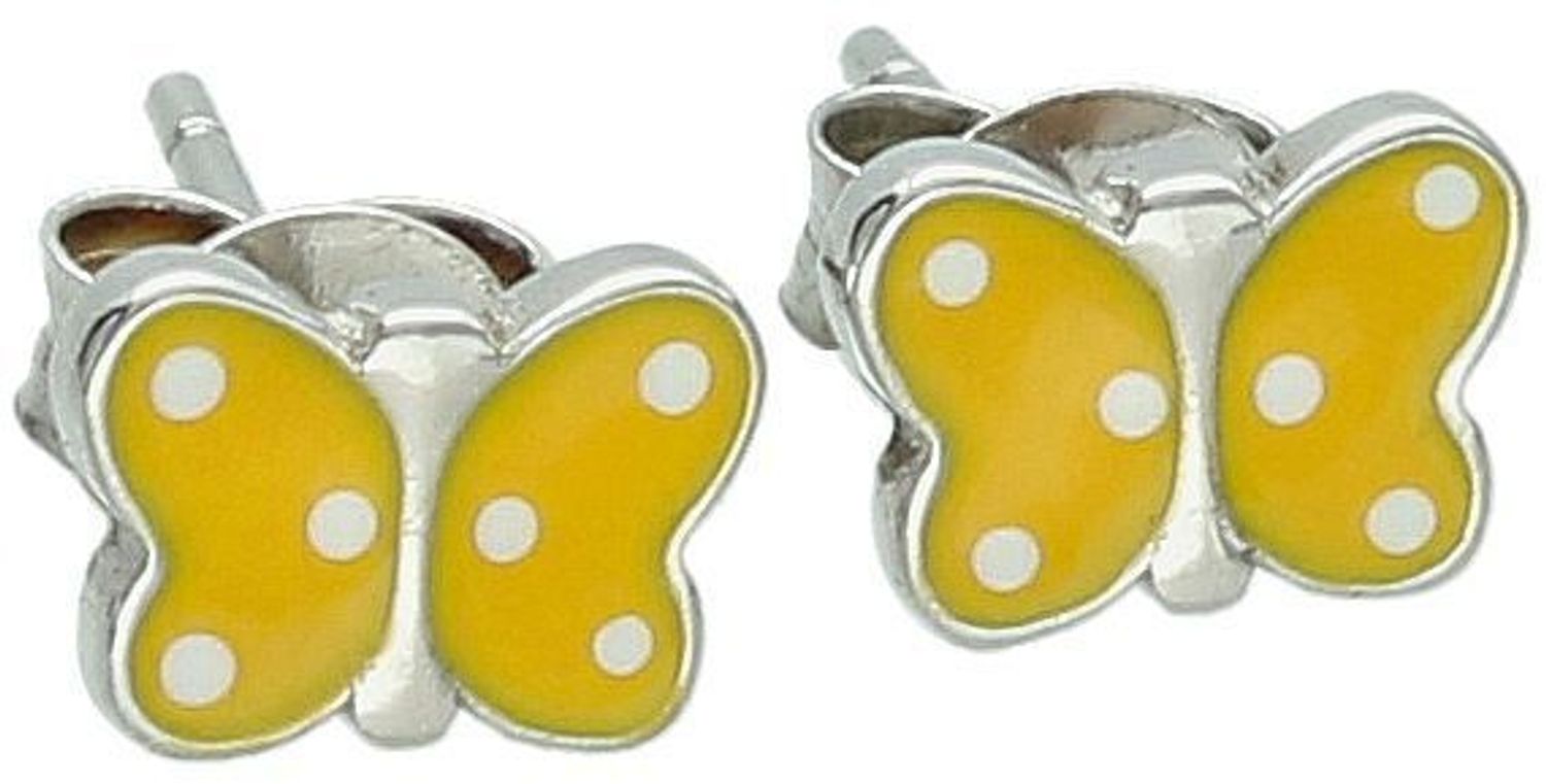 Srebrne kolczyki dziecięce 925 motylki z żółtą emalią. Wymiary 7×5 mm, zapięcie na sztyft, waga 0,90 g. Uroczy i bezpieczny wybór dla małych uszu.1.jpg