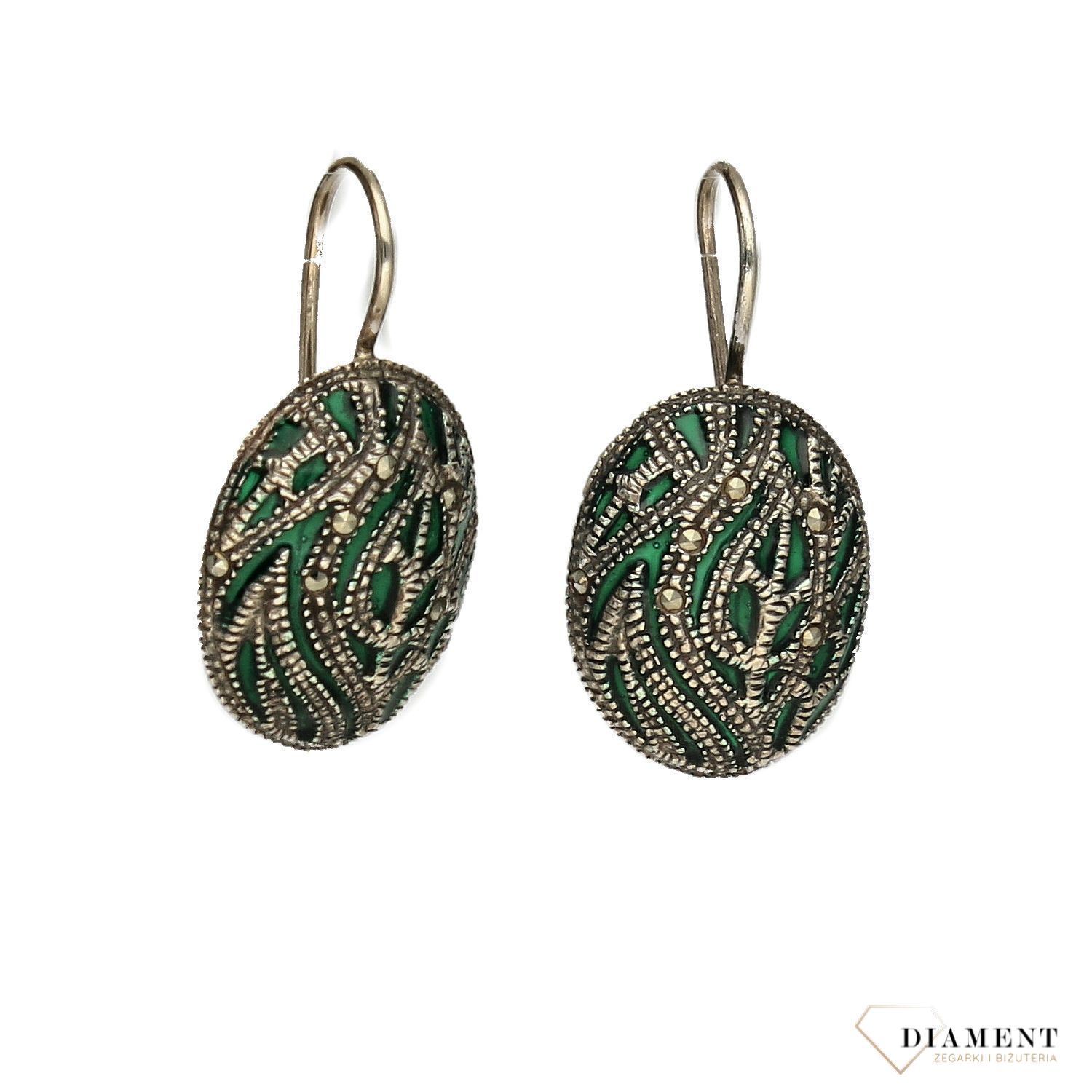 Kolczyki srebrne wiszące z markazytami 925 'Zielona emalia' DIA-KLC-2518-925.jpg