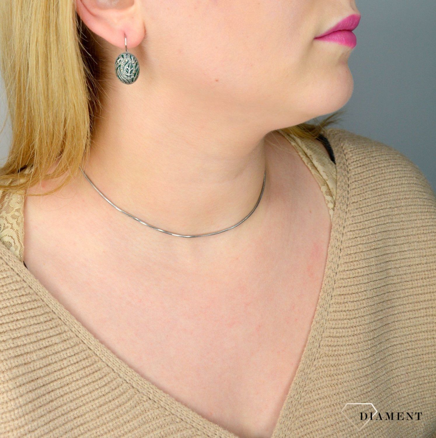 Kolczyki srebrne wiszące z markazytami 925 'Zielona emalia' DIA-KLC-2518-925.jpg