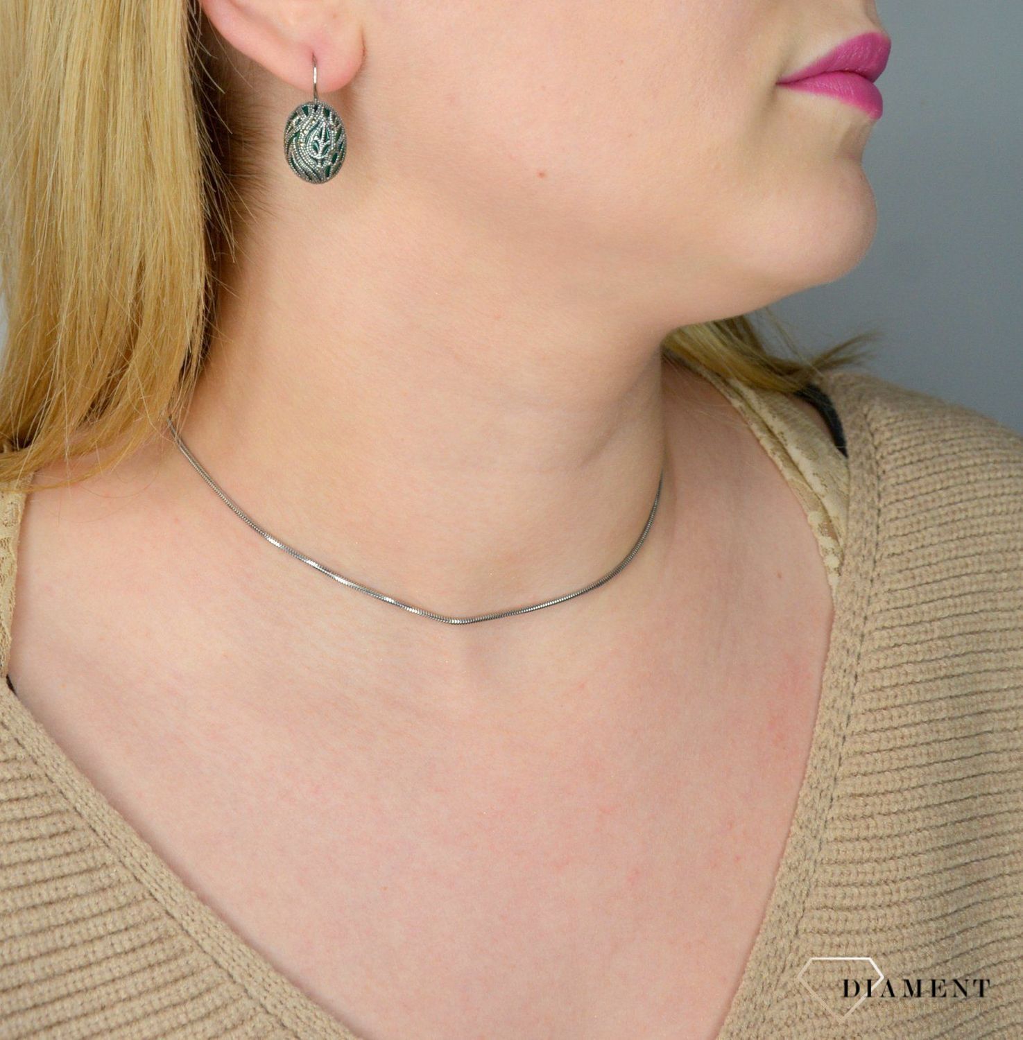 Kolczyki srebrne wiszące z markazytami 925 'Zielona emalia' DIA-KLC-2518-925.jpg