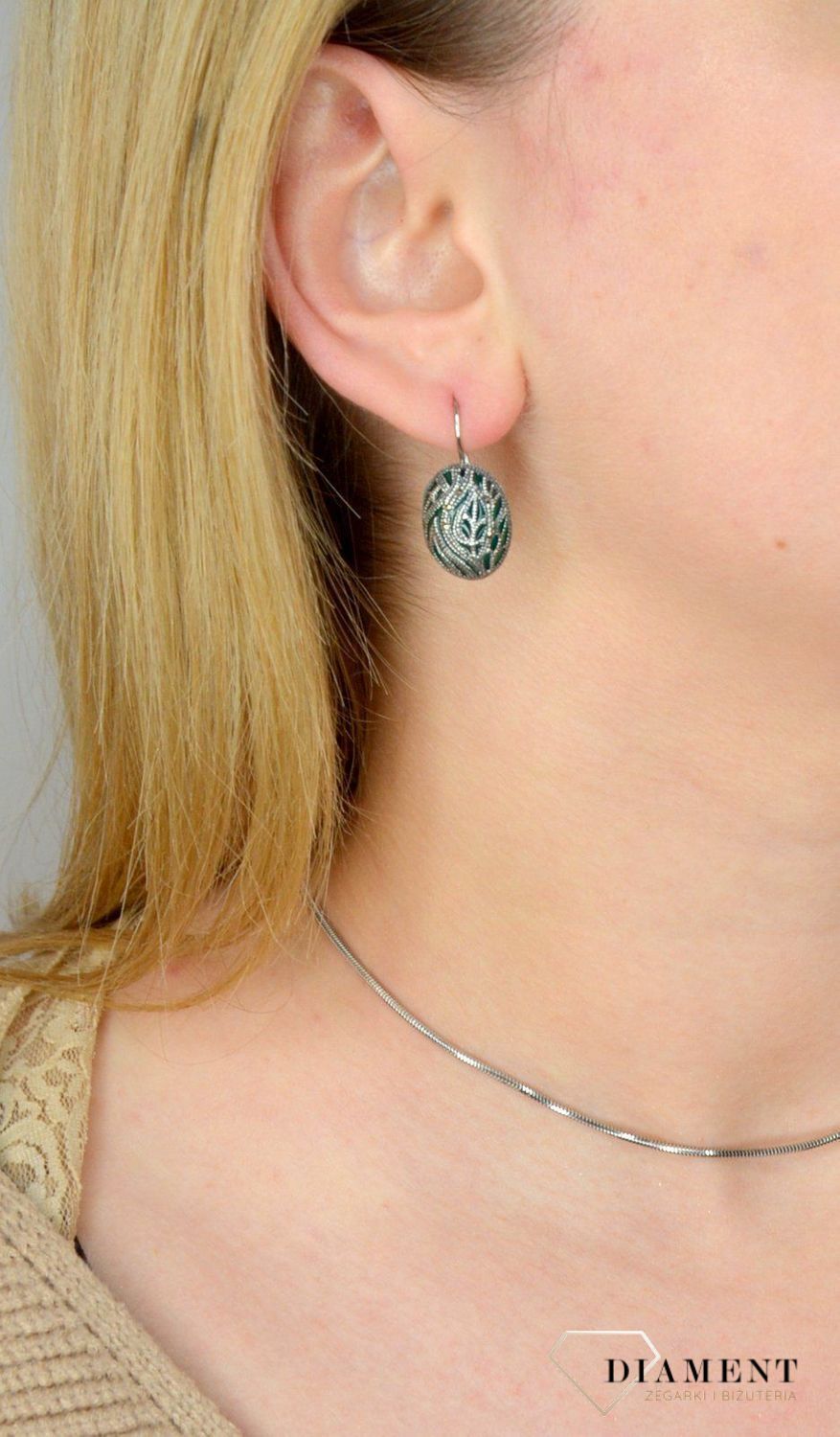 Kolczyki srebrne wiszące z markazytami 925 'Zielona emalia' DIA-KLC-2518-925.jpg