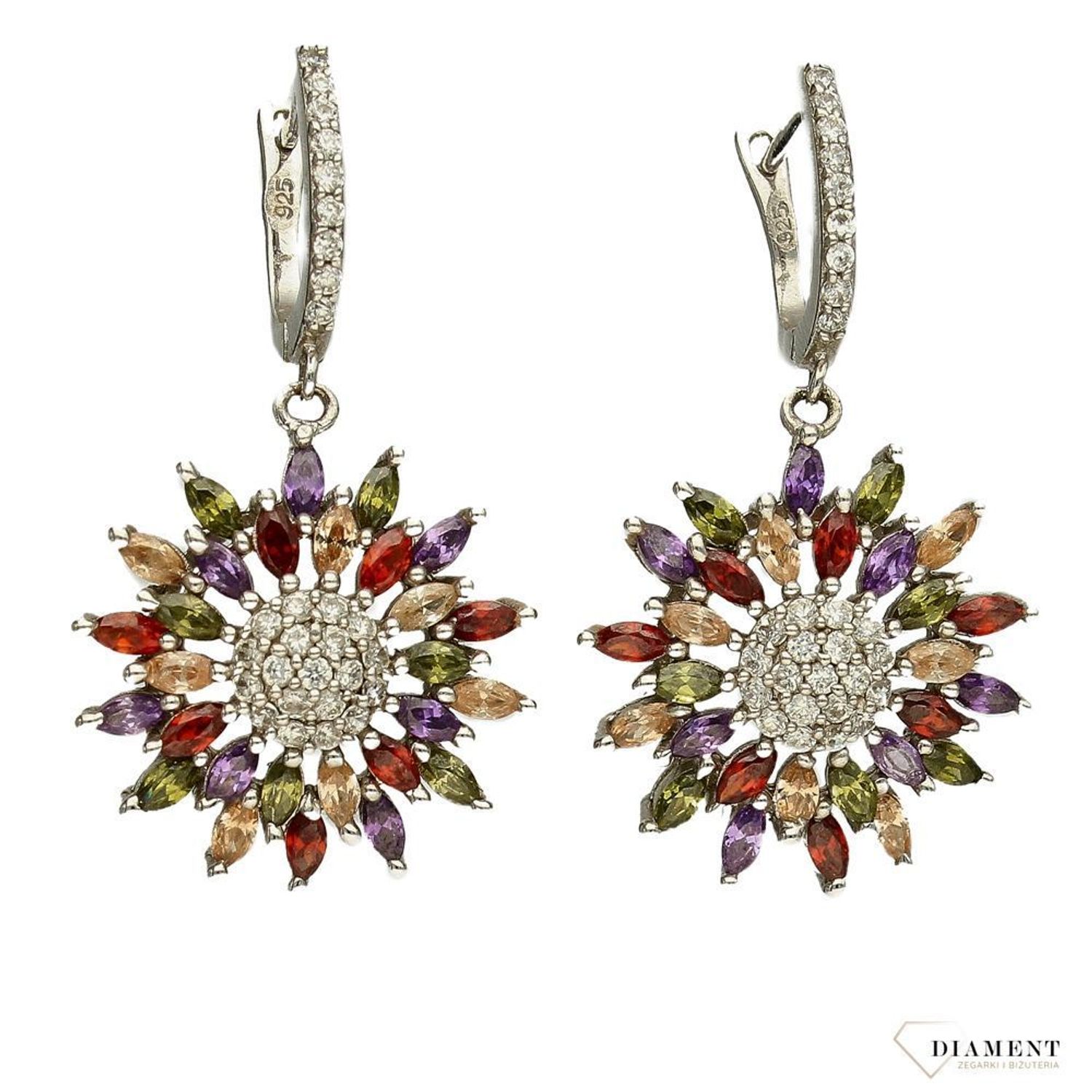 Srebrne kolczyki 925 wiszące w kształcie kwiata z kolorowymi cyrkoniami DIA-KLC-2545-925.jpg