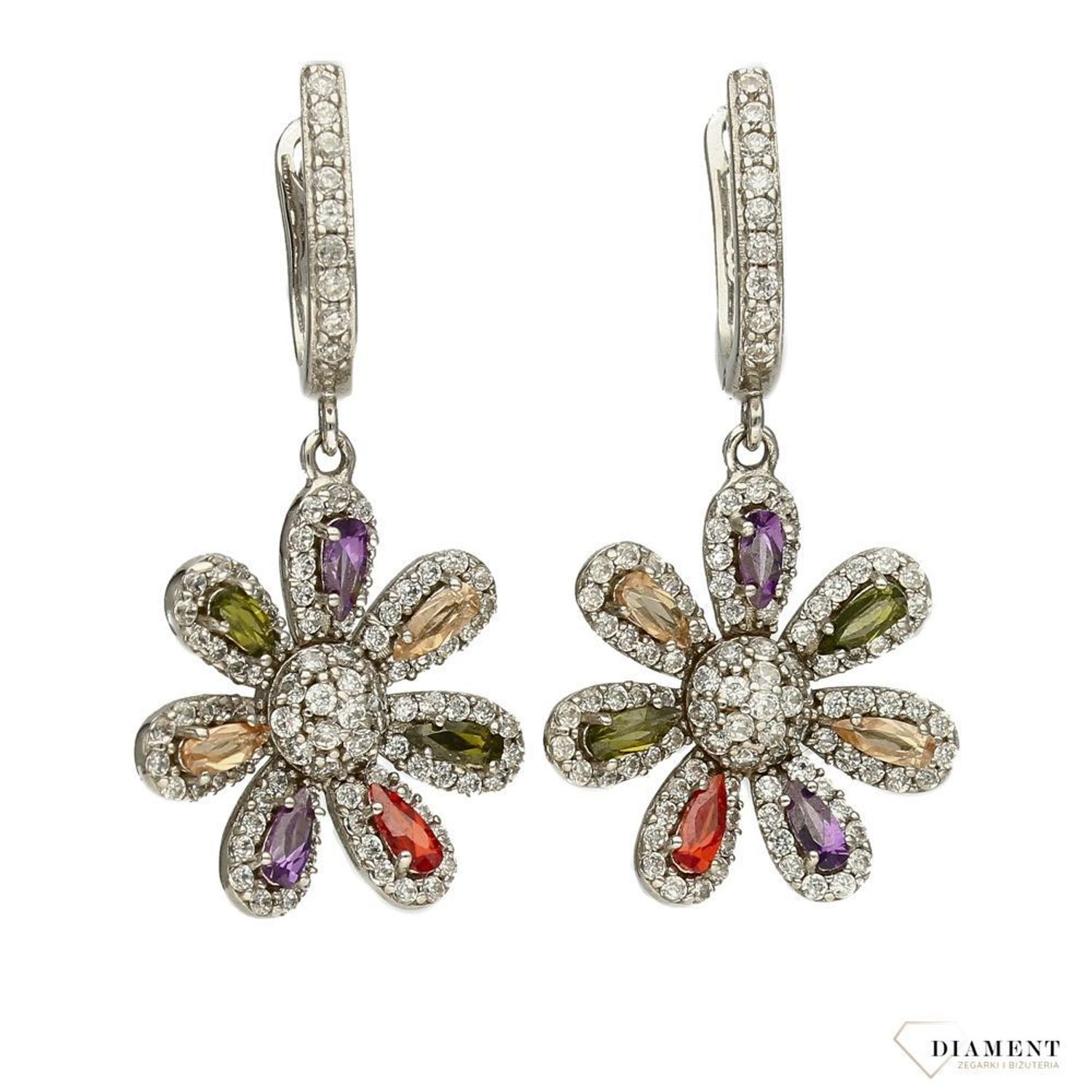 Srebrne kolczyki 925 wiszące w kształcie kwiata z kolorowymi cyrkoniami DIA-KLC-2546-925.jpg