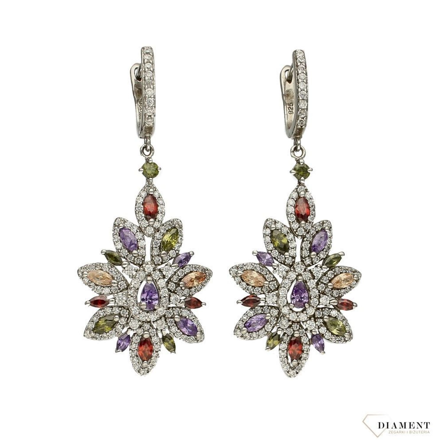 Srebrne kolczyki 925 wiszące kolorowe cyrkonie w kształcie kwiata DIA-KLC-2551-925.jpg