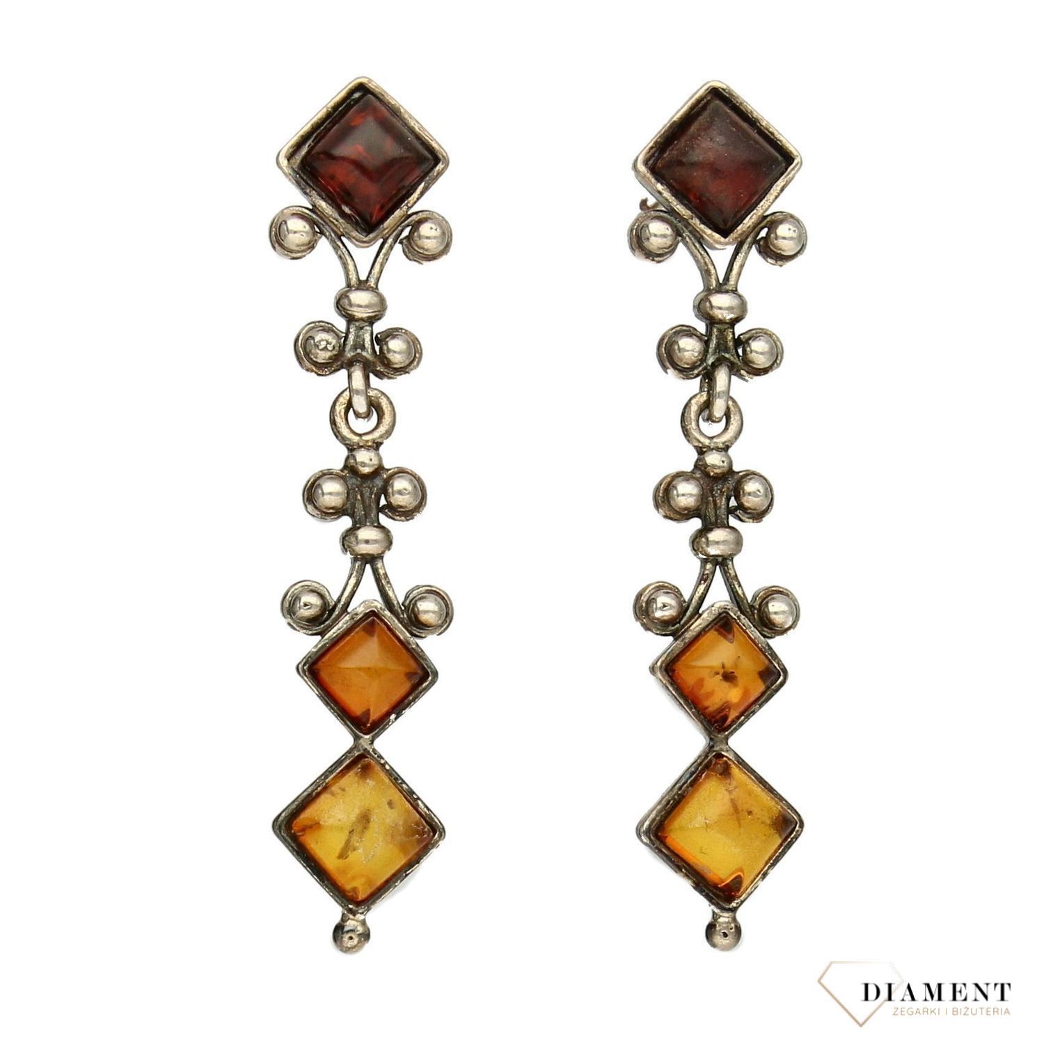Srebrne kolczyki bursztyn z ozdobnym wzorem DIA-KLC-2565-925.jpg