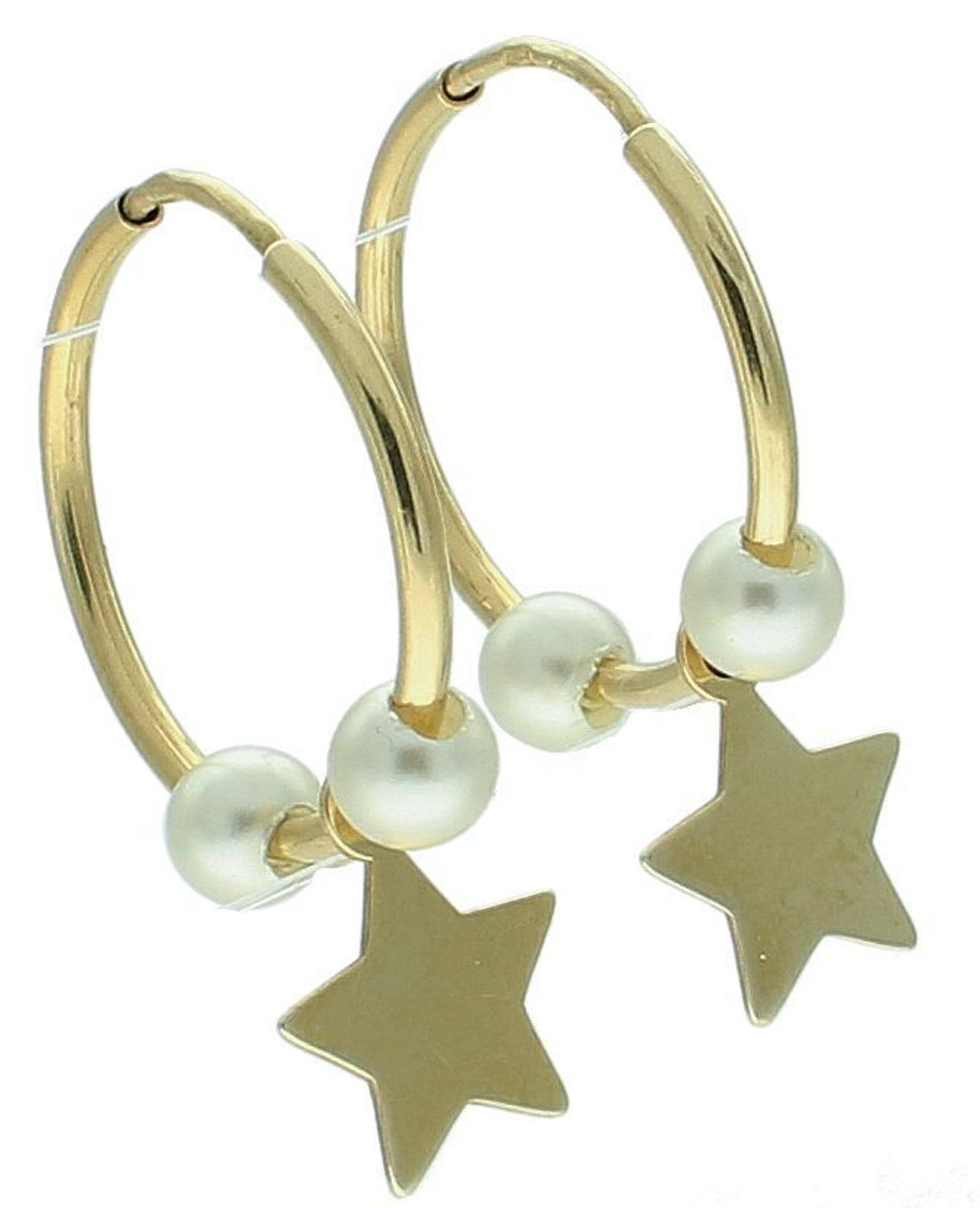 Kolczyki złote 585 koła z gwiazdką i perełkami DIA-KLC-2615-585 Damskie kolczyki wykonane ze złota próby 585. Kolczyki delikatne kółeczka z zawieszką płaską blaszką w kształcie gwiazdki.jpg